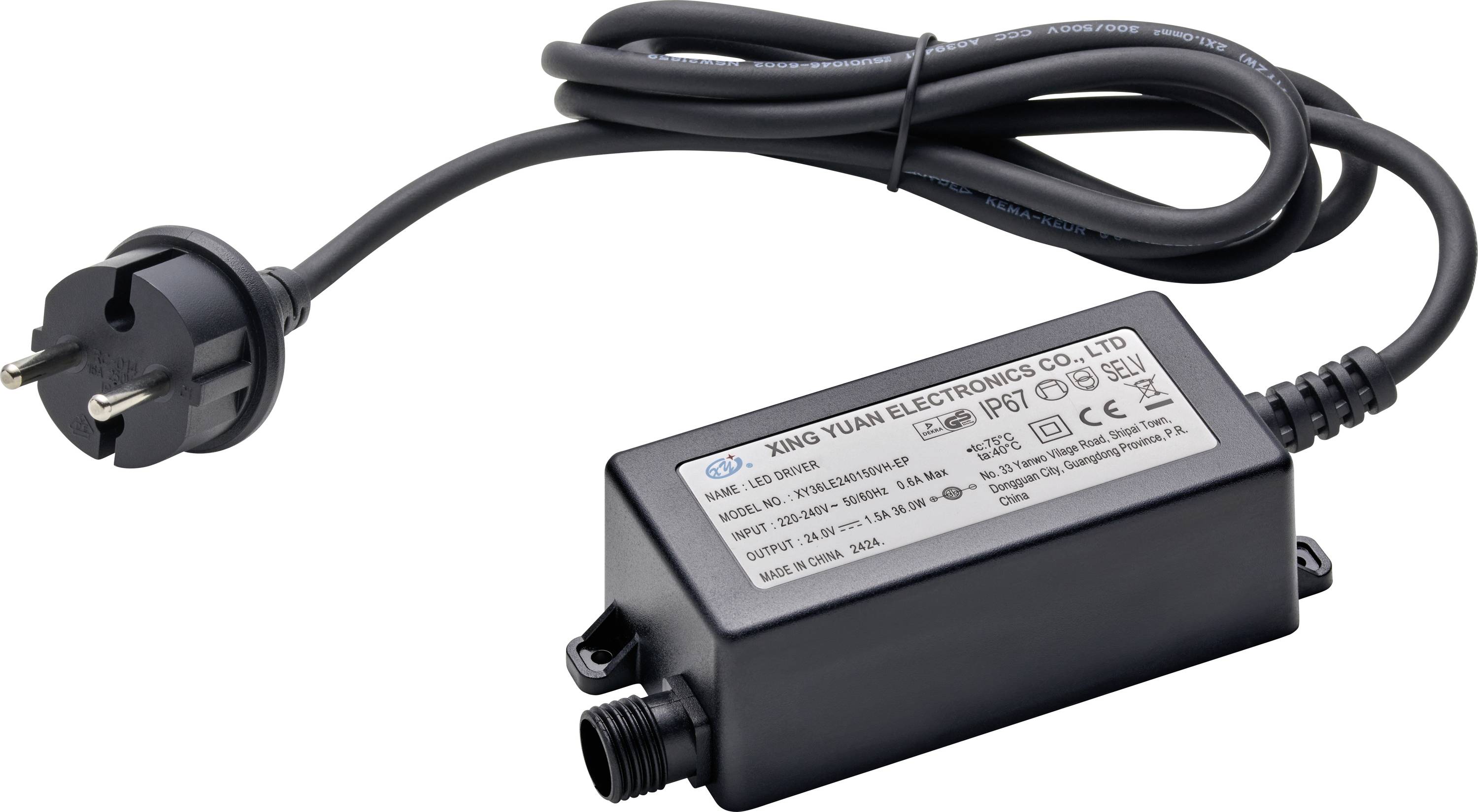 Un adaptateur d'alimentation électronique noir avec une fiche à deux broches et une étiquette affichant des spécifications et des certifications de sécurité sur sa surface.