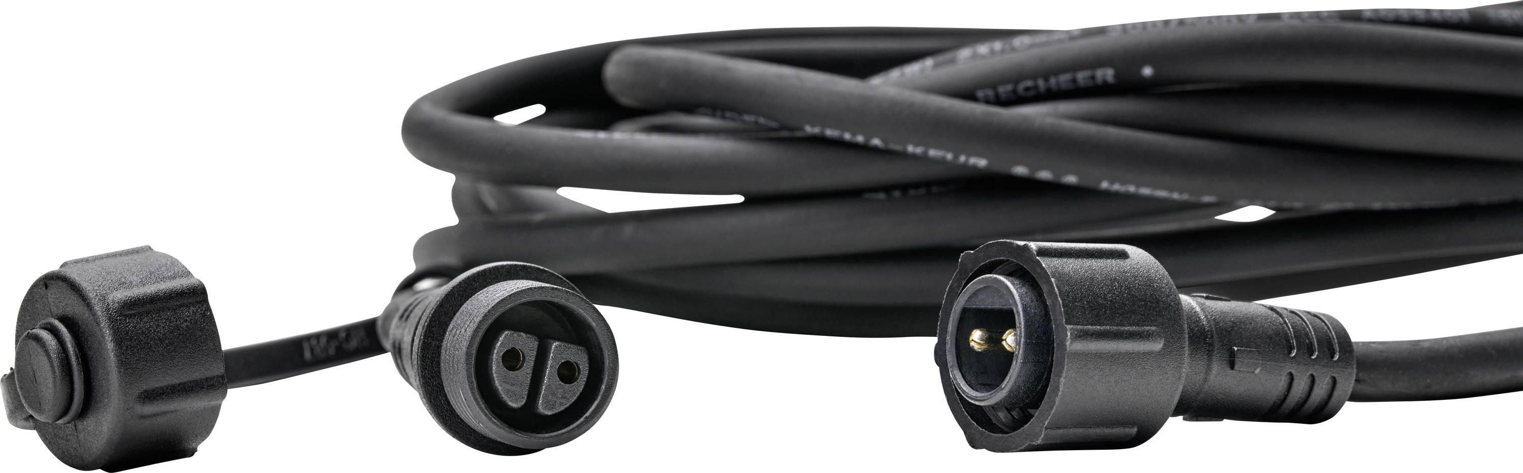 Un câble électrique noir enroulé avec un connecteur circulaire à une extrémité et un capuchon de protection sur le connecteur, adapté à une utilisation extérieure.