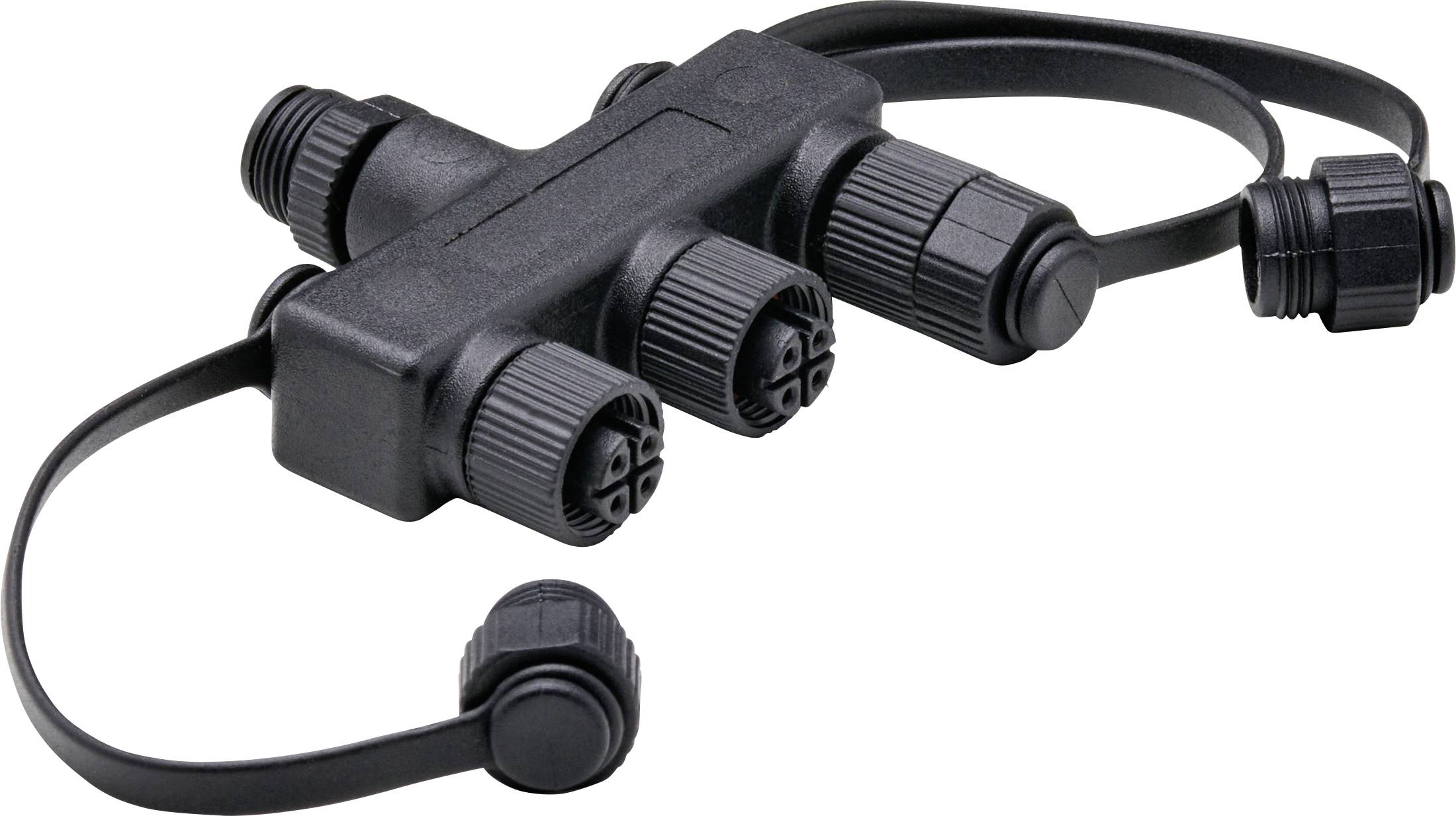 Un répartiteur de câble à trois voies noir avec capuchons à vis et connecteurs résistants aux intempéries, conçu pour les connexions électriques extérieures.