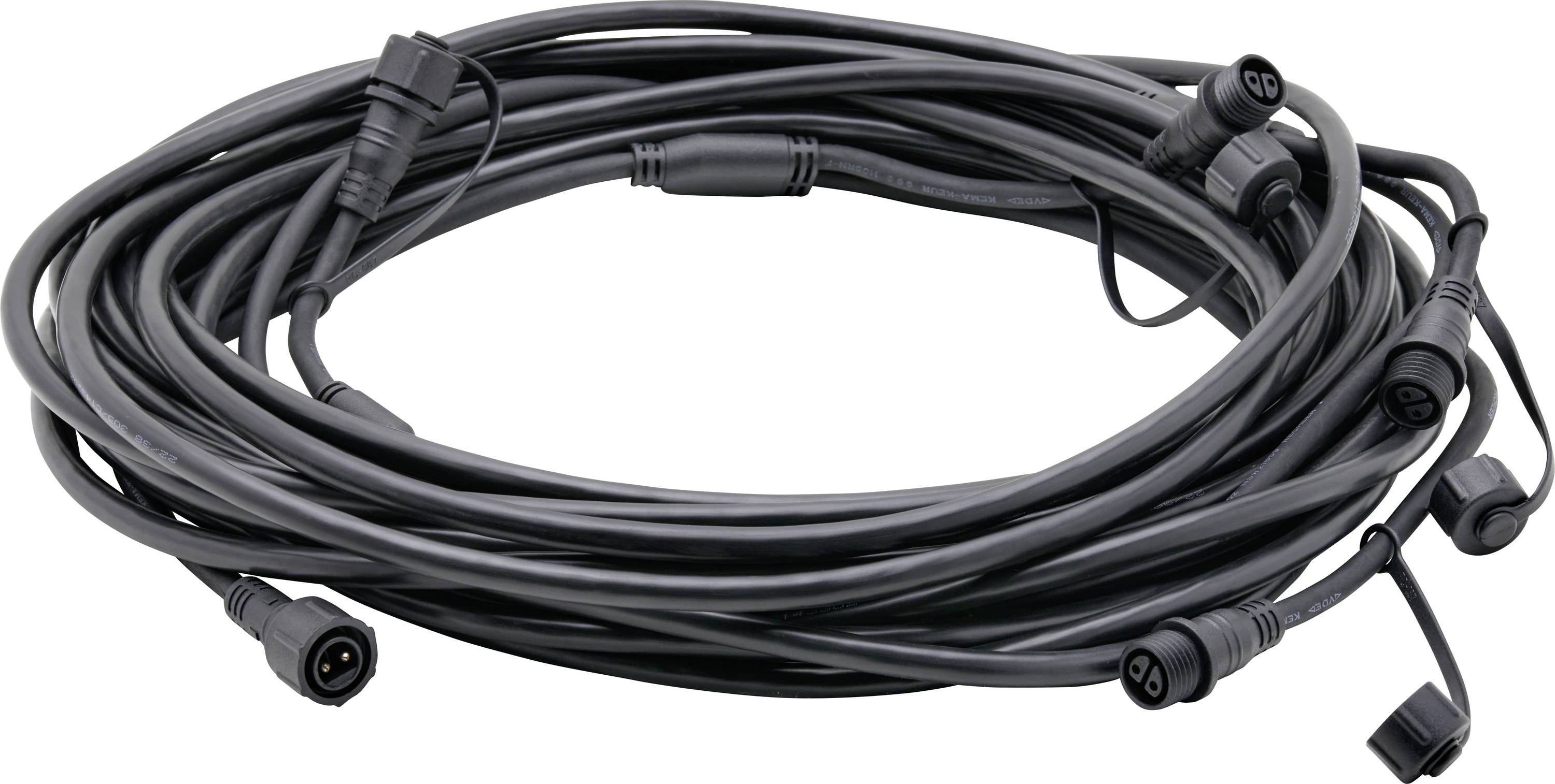 Un câble de rallonge noir enroulé avec plusieurs connecteurs, adapté aux connexions d'appareils électriques et électroniques.