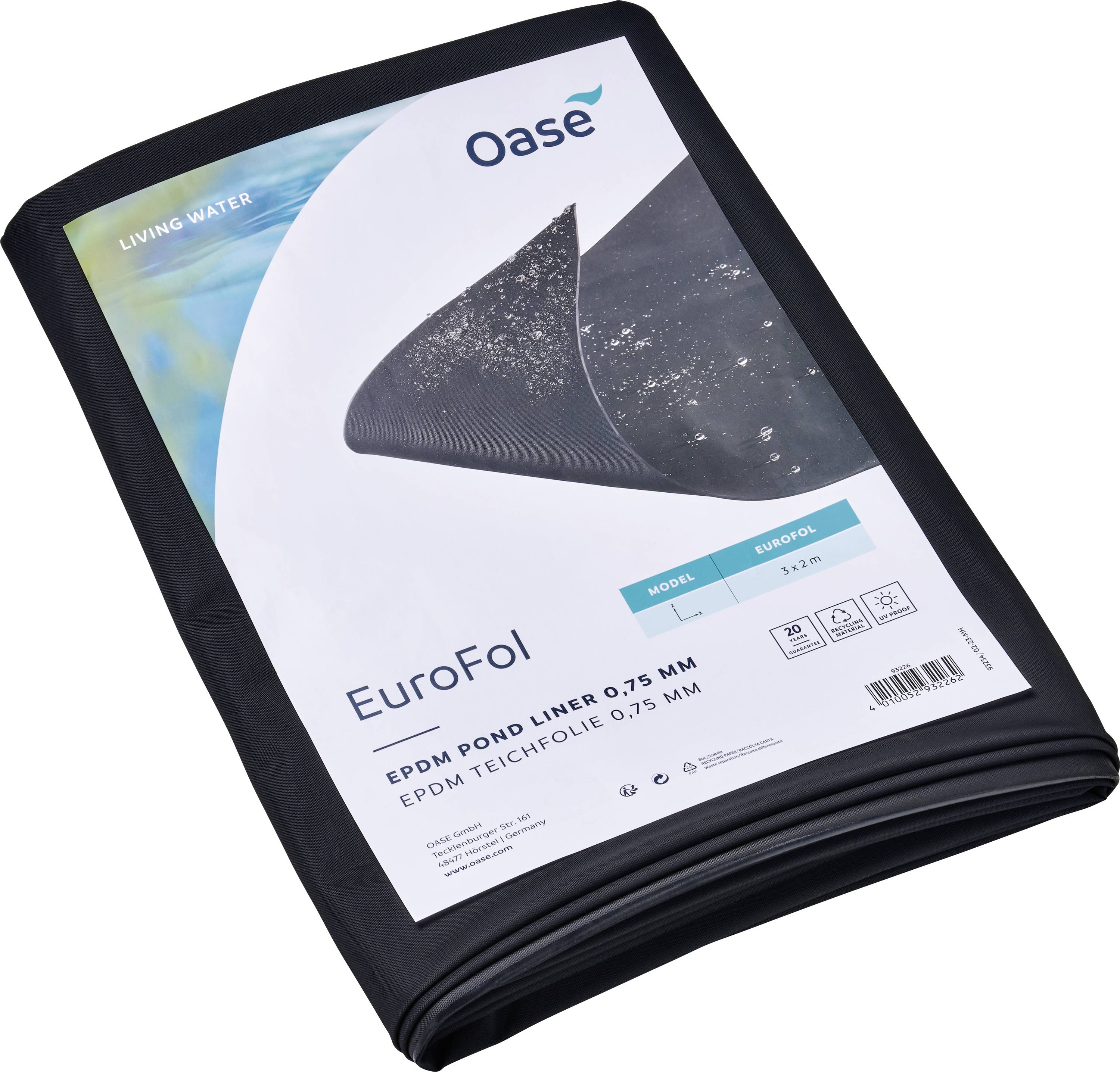 Bâche d'étang en EPDM, modèle EuroFol d'Oase, taille 5 x 3 m, épaisseur 0,75 mm, pour l'aménagement de bassin. Design de l'emballage avec représentation d'eau en haut.