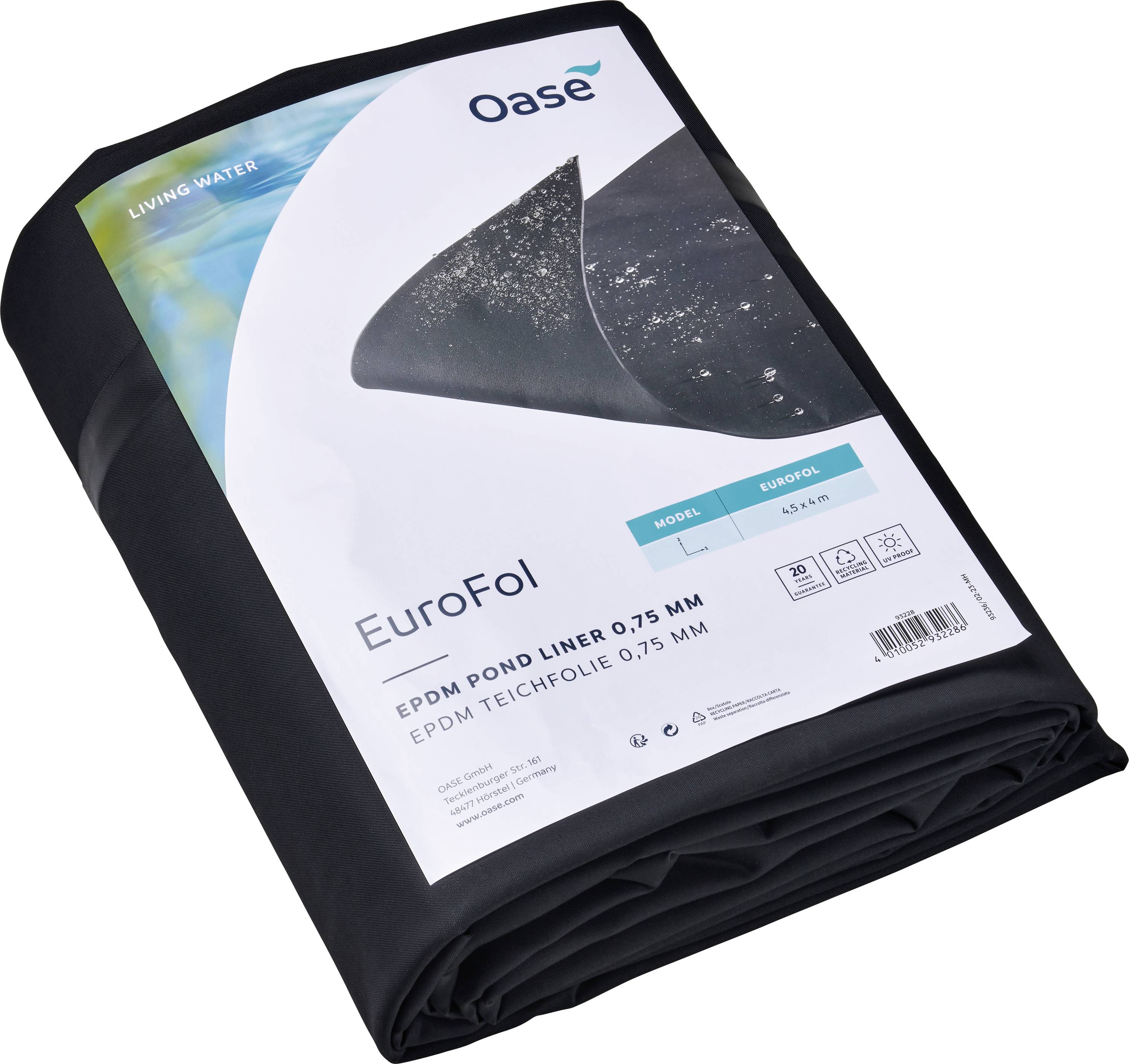 Revêtement d'étang EPDM EuroFol, épaisseur de 0,75 mm, par Oase. Liner plié avec emballage présentant les informations du produit et le logo de la marque.