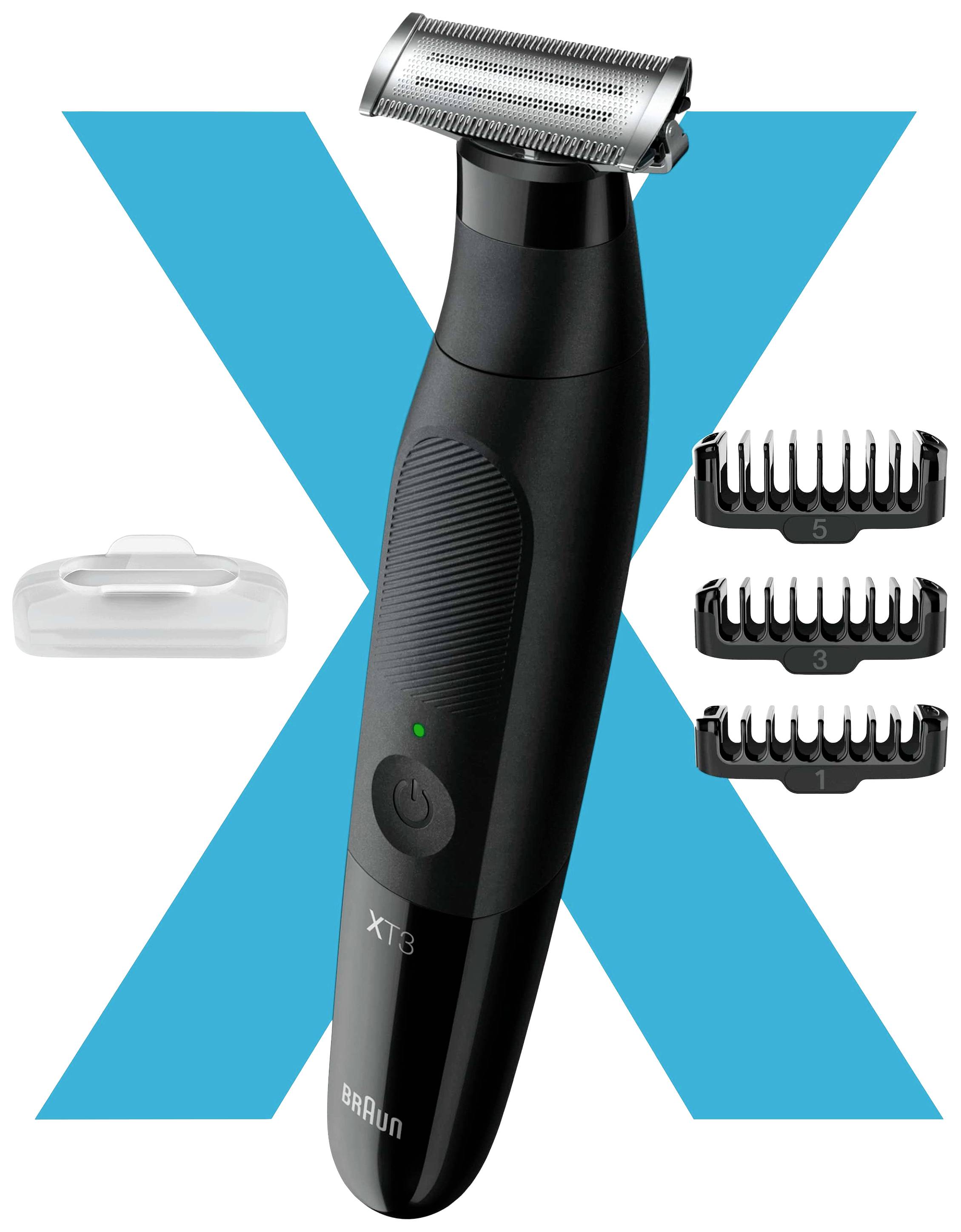 Tondeuse électrique avec trois embouts de tailles 1, 3 et 5. Idéale pour couper et styliser précisément la barbe et les cheveux.