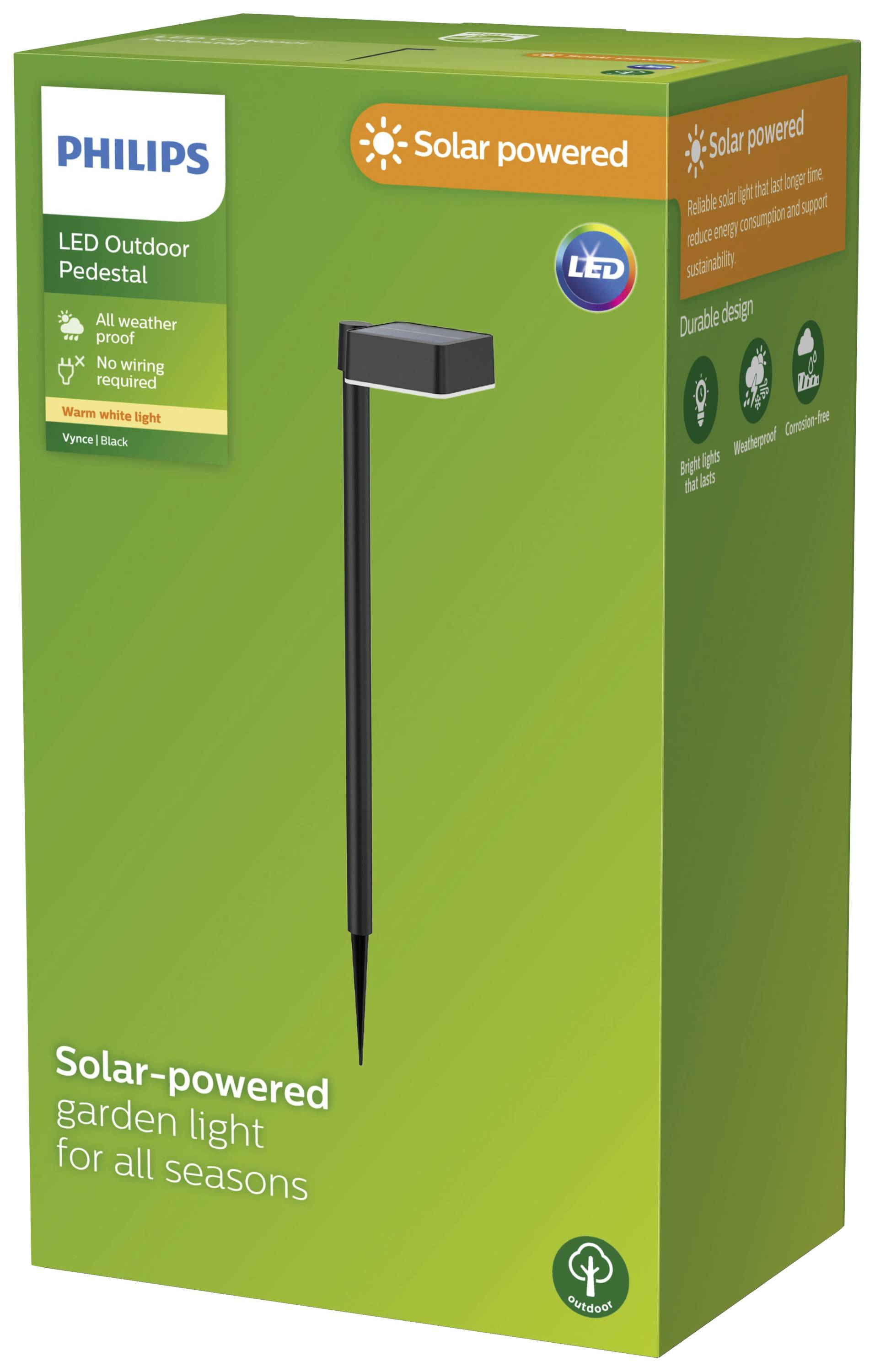 Un emballage vert pour une lampe de jardin solaire LED Philips. Contient des images du produit et le texte : « Lampe de jardin solaire pour toutes les saisons ».