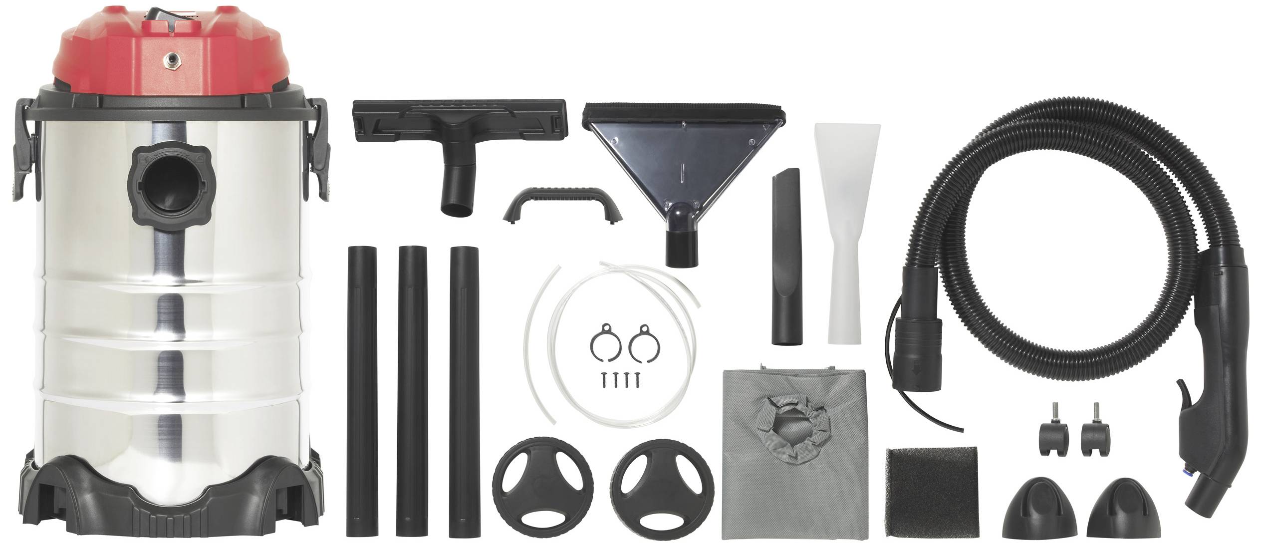 Aspirateur industriel avec couvercle rouge et accessoires : tuyaux, buses, filtres et roues. Adapté pour l'aspiration en milieu humide et sec.