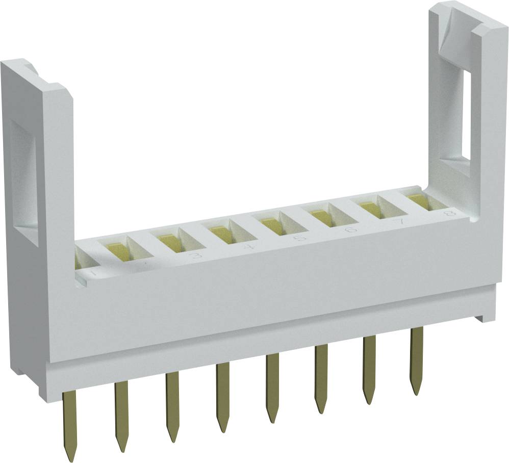 Un connecteur blanc avec sept broches dorées orientées vers le bas. Il est utilisé pour des connexions électroniques.