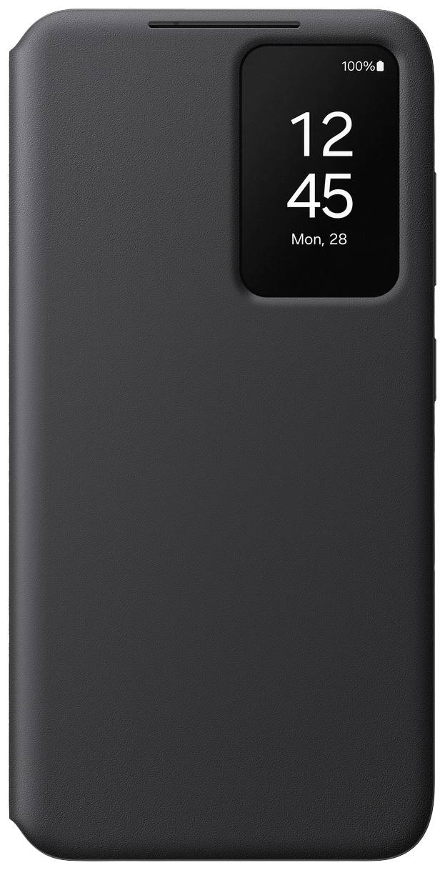 Un étui à rabat noir pour smartphone avec fenêtre d'affichage montre l'heure '12:45' et la date 'Lun, 28'.