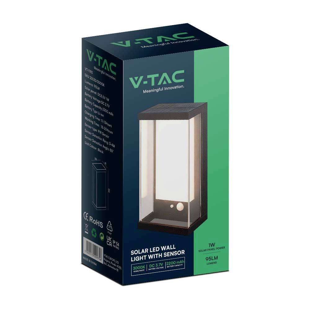 V-TAC 23032 VT-1193 Applique solaire extérieure avec détecteur de mouvement LED 1 W noir