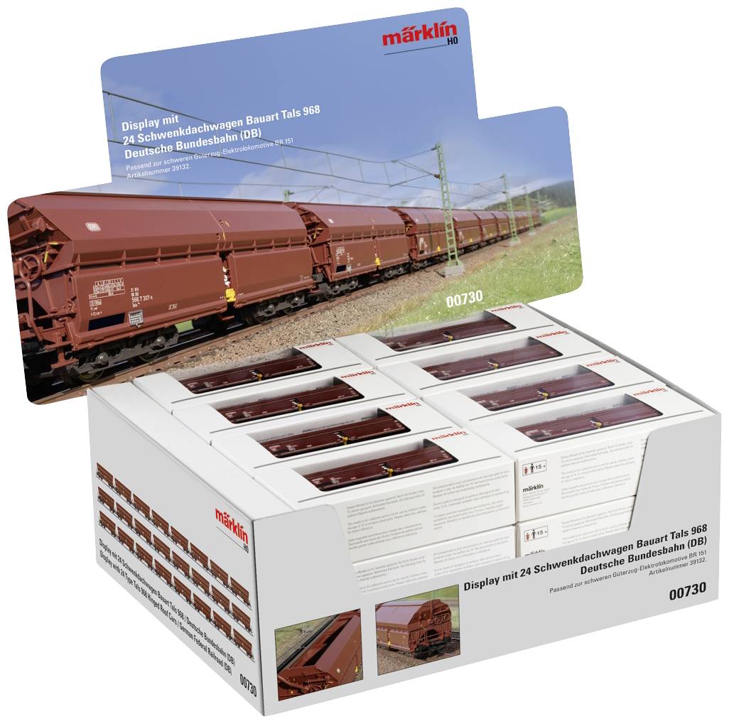 Affichage avec 24 wagons à toit basculant modèle Taes 998 de la Deutsche Bundesbahn (DB) par Märklin, montrant des wagons de train miniatures dans leur emballage d'origine.