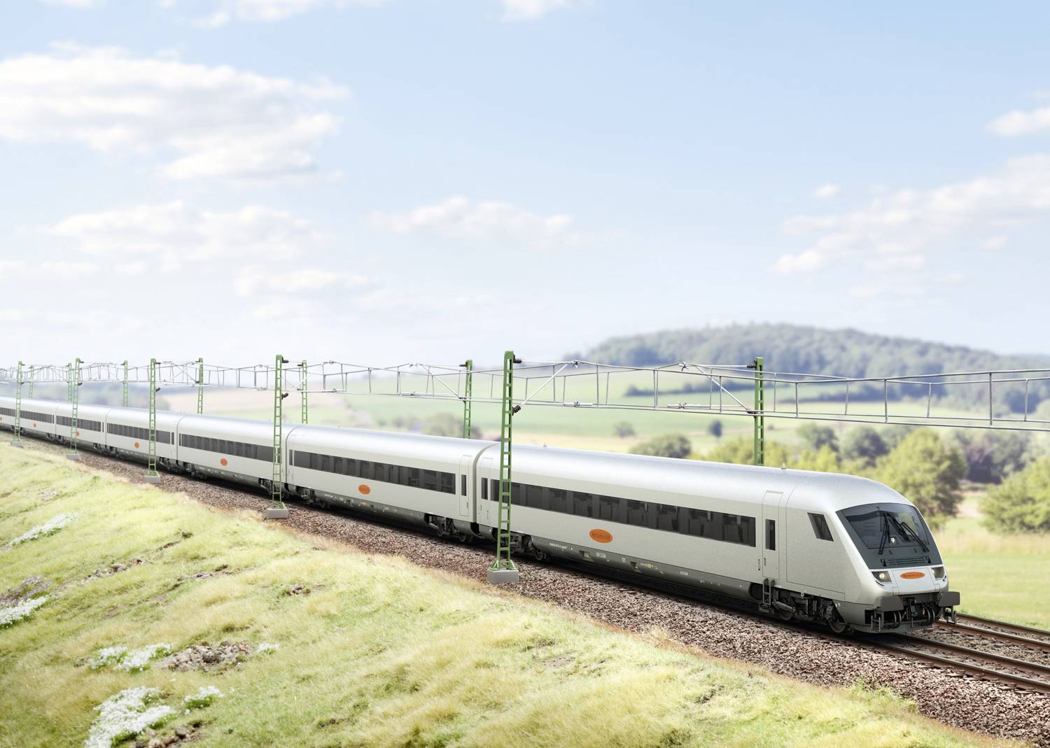 Un train à grande vitesse moderne circule sous le soleil à travers un paysage verdoyant. Des collines et un ciel bleu sont visibles en arrière-plan.