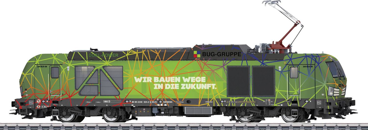 Train vert avec un motif de lignes colorées, le slogan 