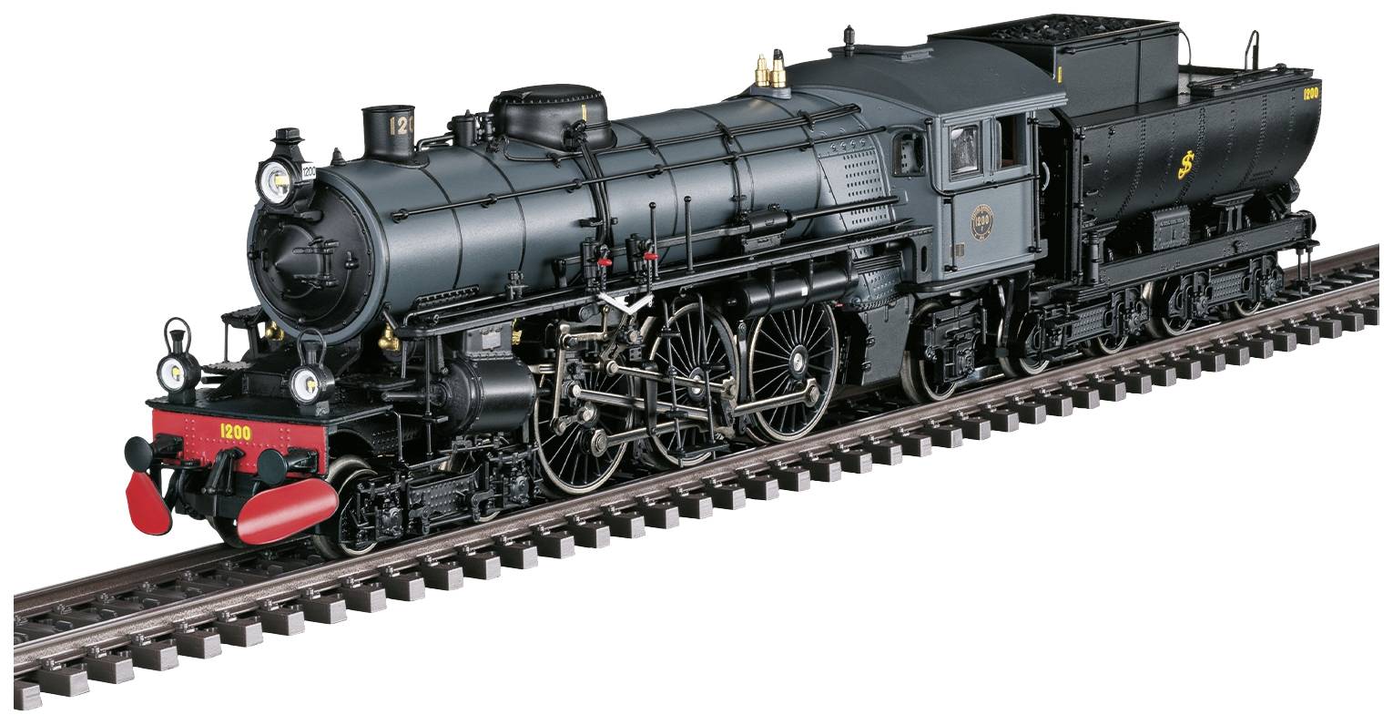 Un modèle noir d'une locomotive à vapeur sur des rails, détaillé avec une technique visible et des tampons rouges.