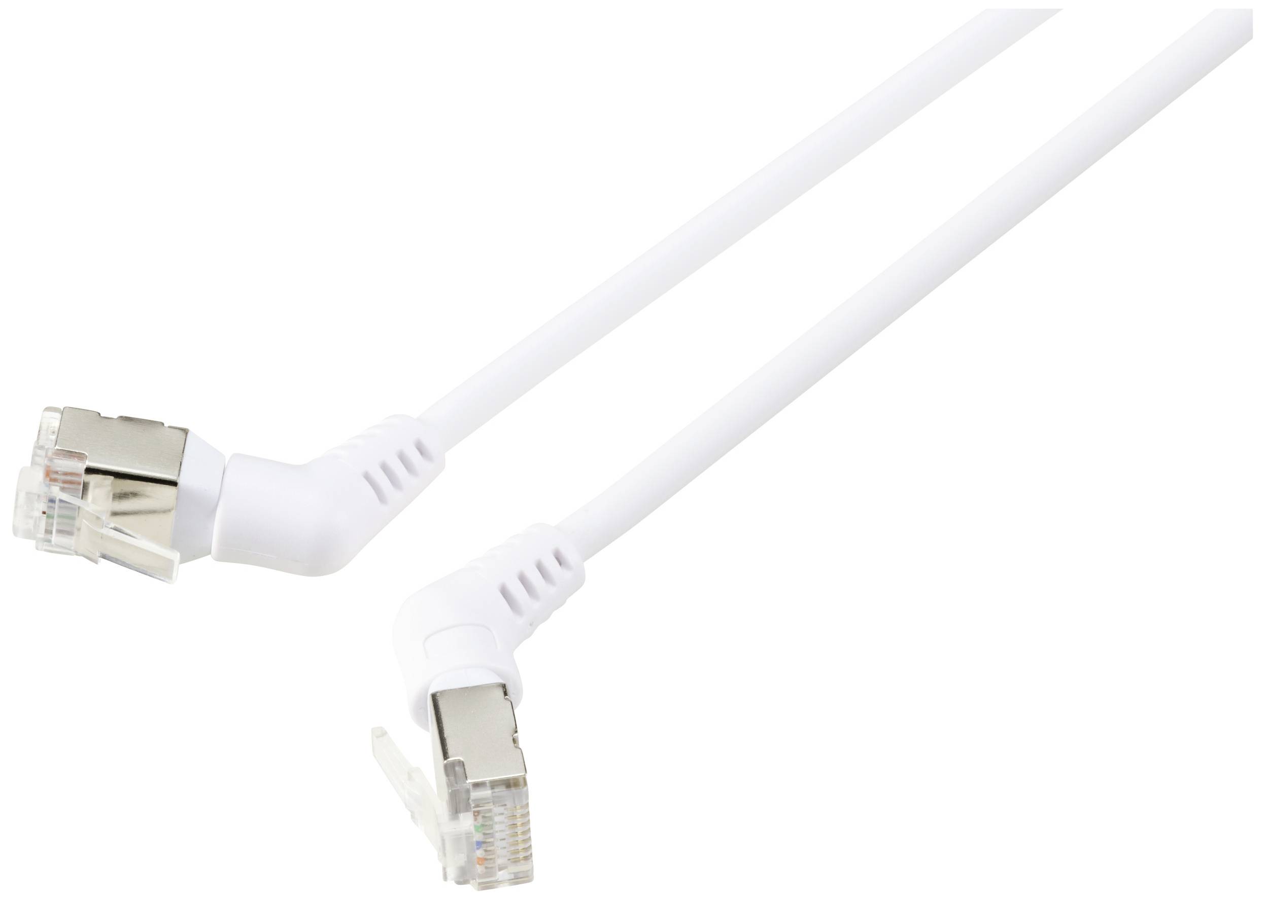 Un câble Ethernet blanc avec deux connecteurs RJ45 coudés pour les connexions réseau.