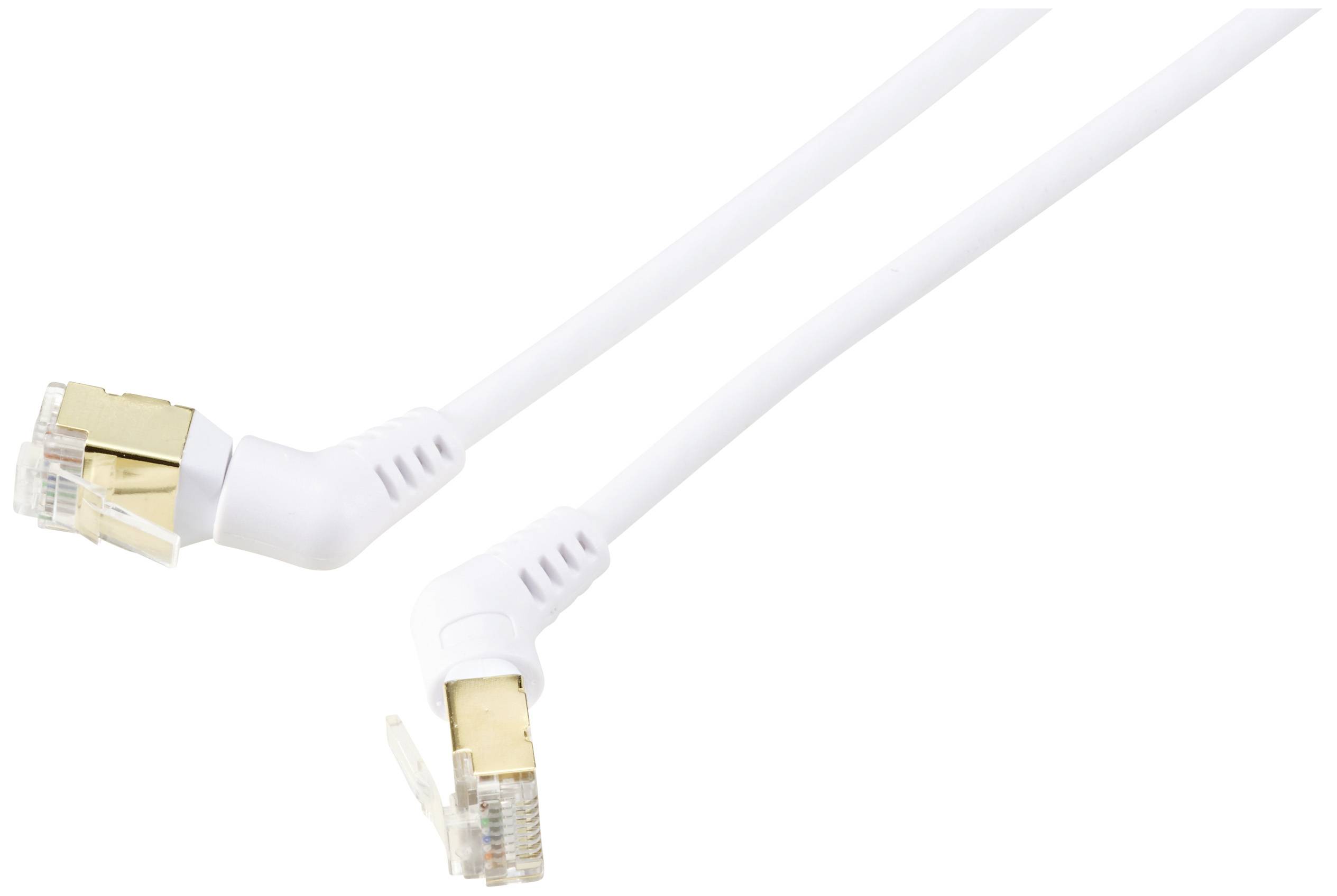 Deux câbles Ethernet blancs avec des connecteurs coudés à 90 degrés, adaptés aux connexions réseau.