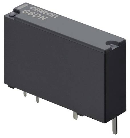 Relais rectangulaire noir portant l'inscription 'Omron G8DN' sur le dessus, avec des broches de connexion électrique visibles sur sa face inférieure.