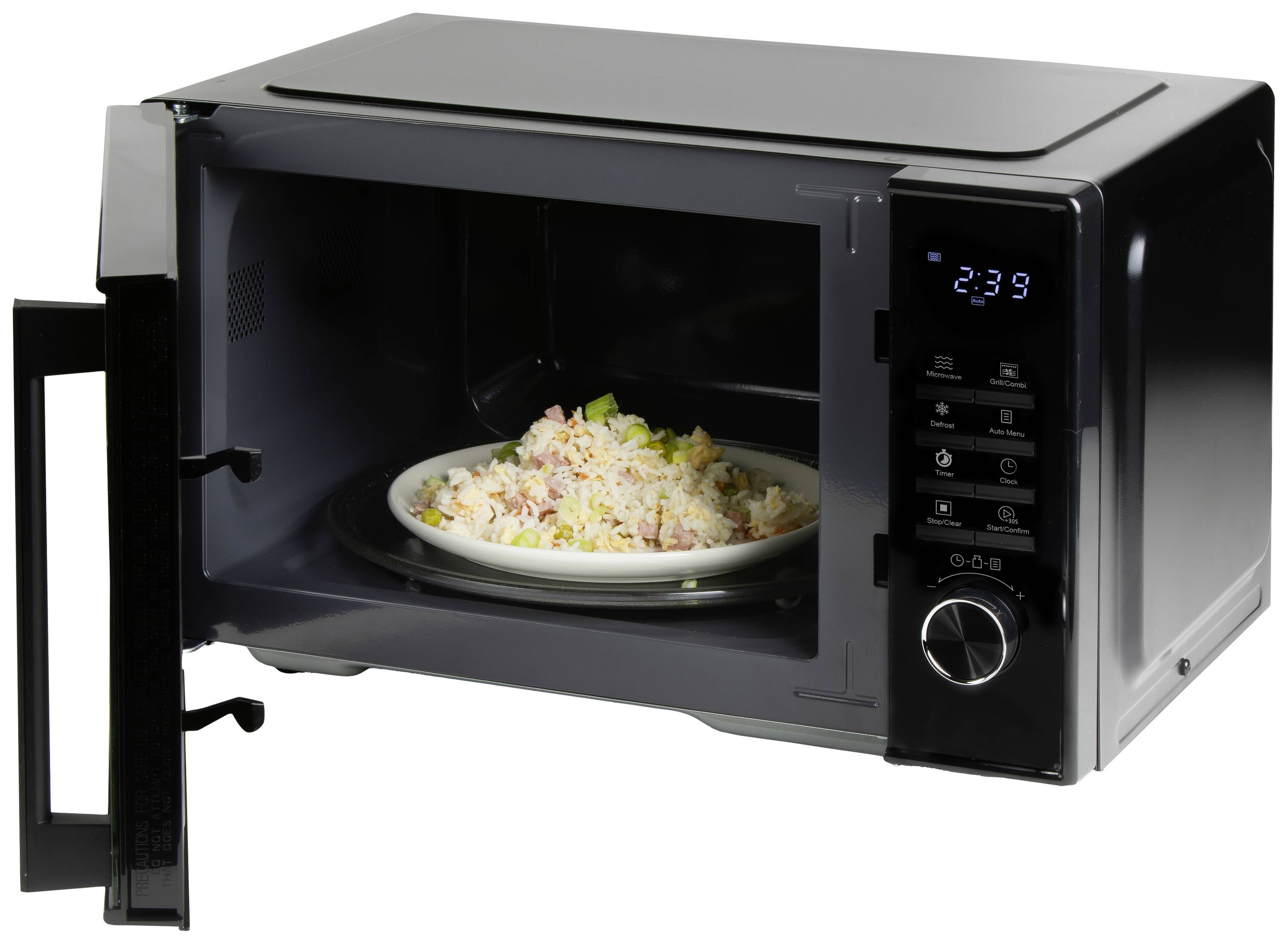 Une micro-ondes ouverte montre un plat de riz à l'intérieur. L'affichage numérique indique '2:39'. Des touches pour diverses fonctions sont visibles.