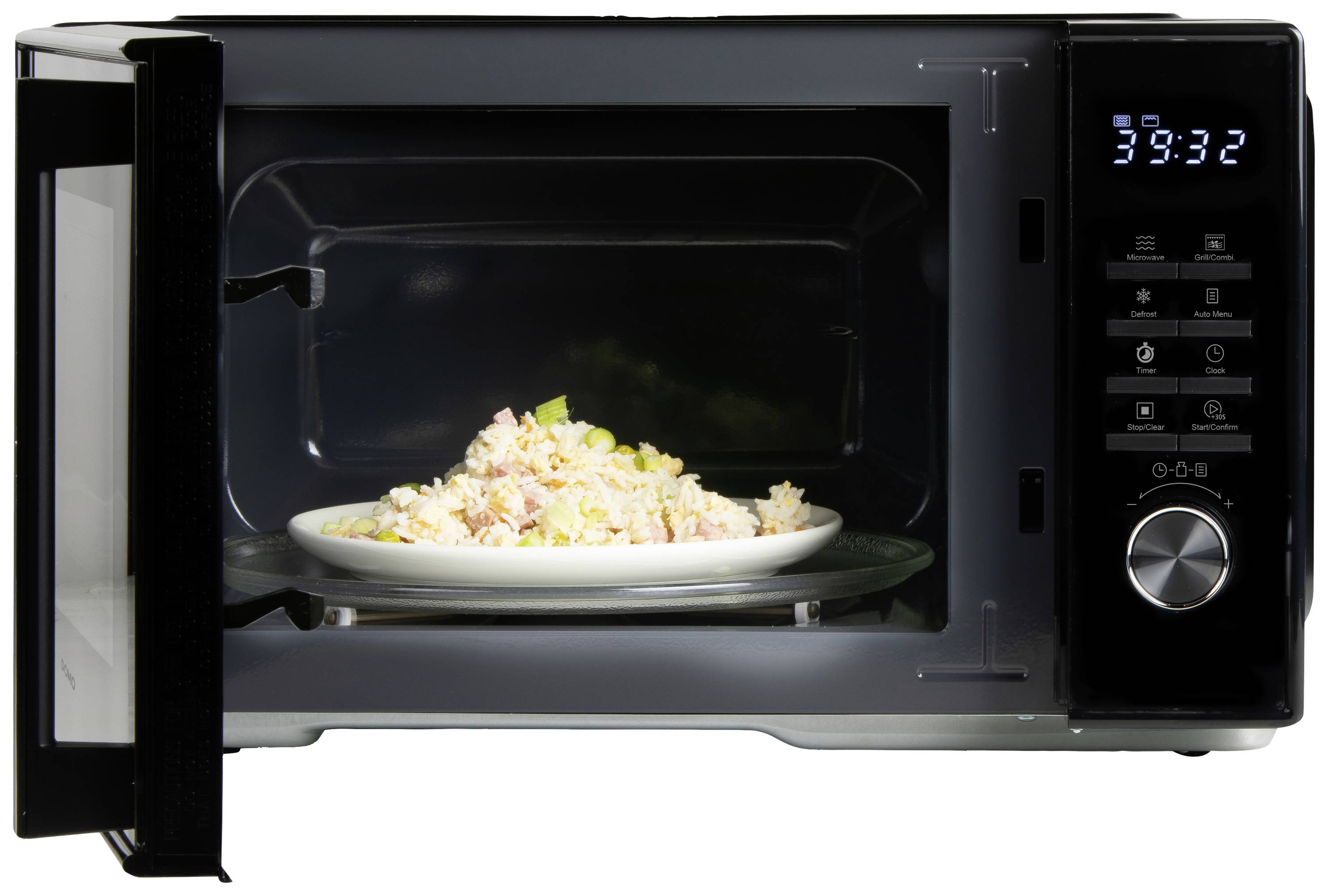 Une micro-ondes ouverte avec un plat de riz à l'intérieur et un affichage numérique indiquant l'heure 39:32.