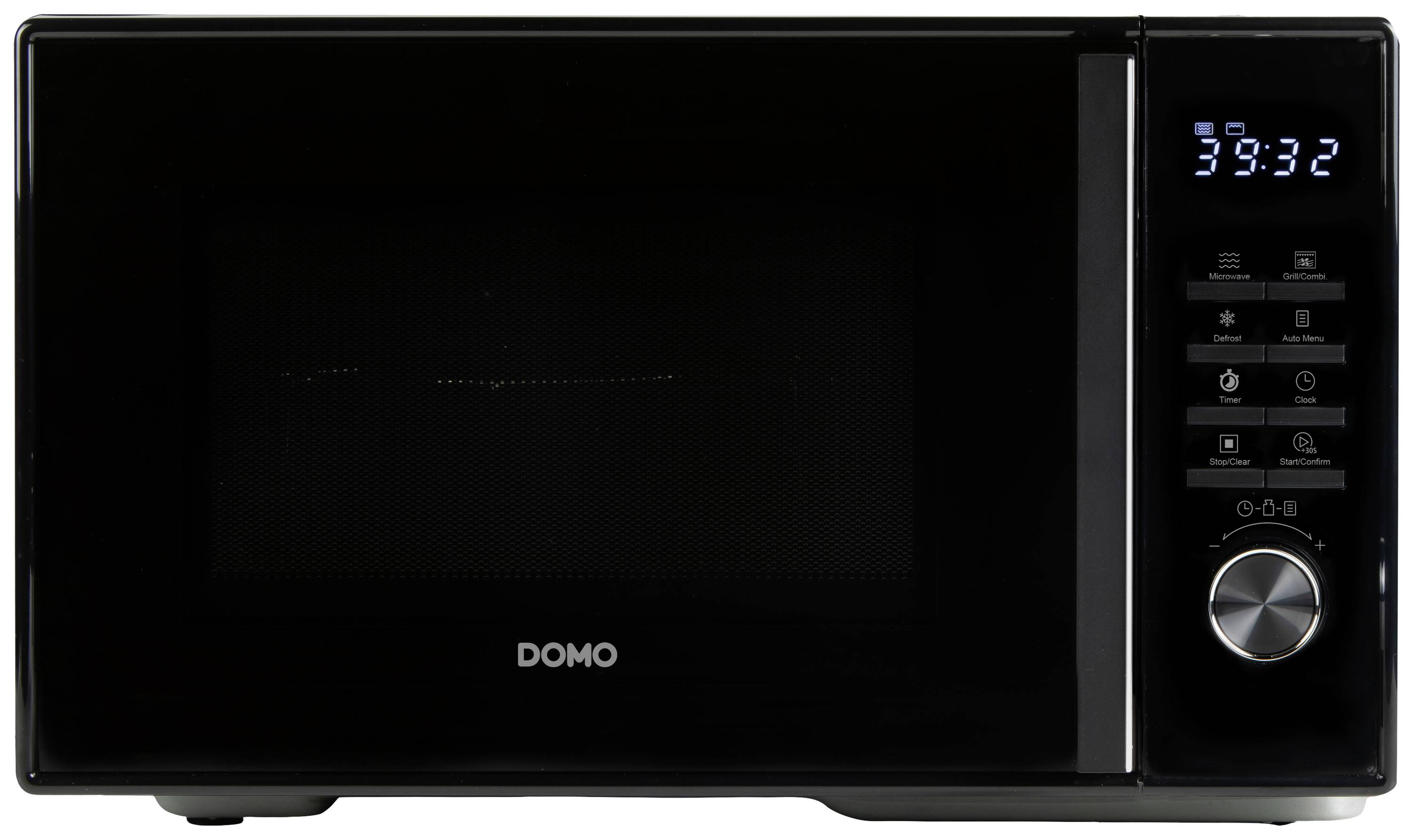 Four micro-ondes noir avec affichage numérique à droite, indiquant l'heure '39:32'. Boutons de réglage en dessous. Marque 'DOMO' visible à l'avant.