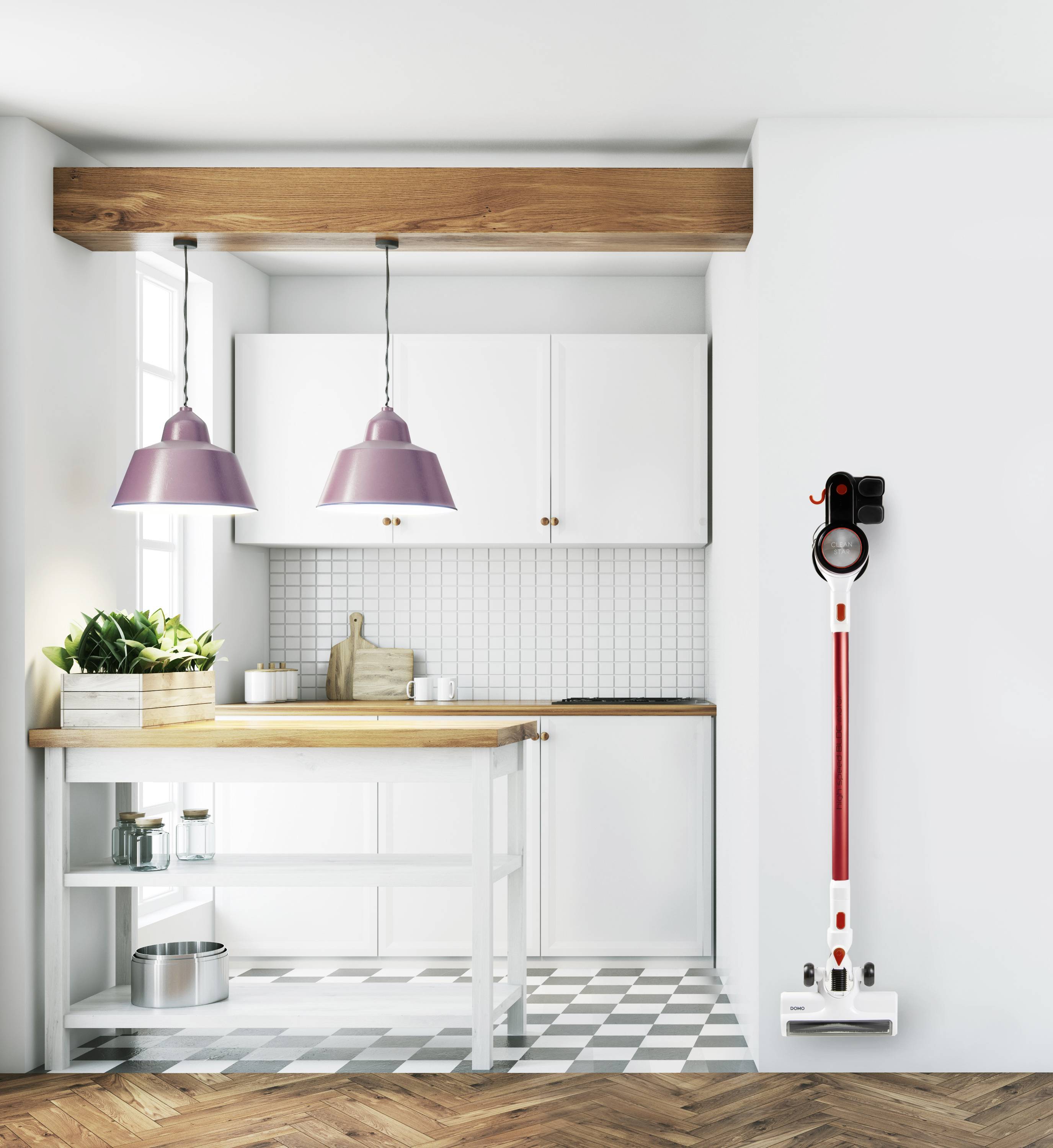 Une cuisine moderne avec un aménagement blanc et des détails en bois. Deux suspensions mauves au-dessus d'un plan de travail garni de plantes en pot.