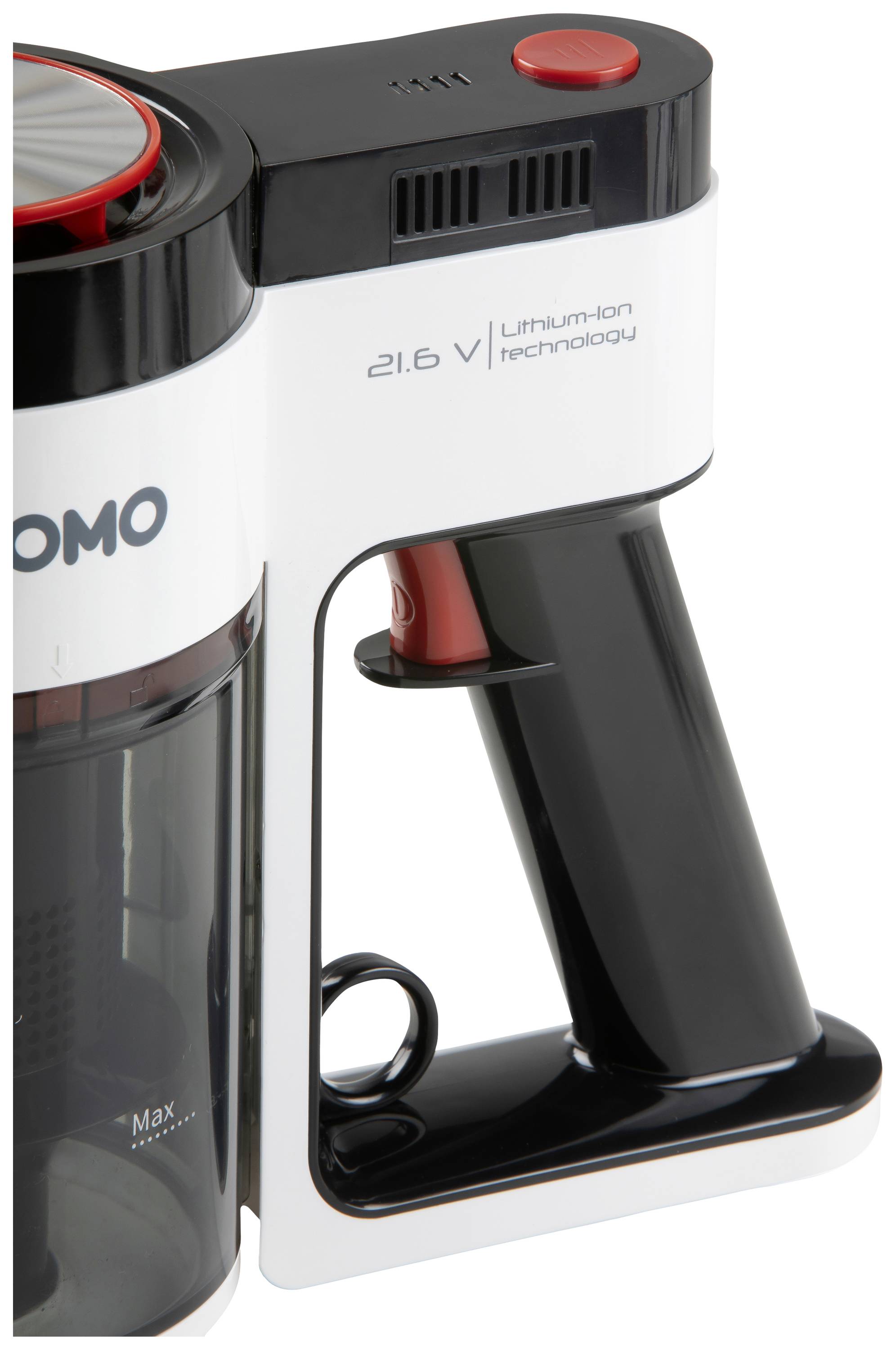 Poignée d'aspirateur sans fil avec interrupteur rouge et inscription « Technologie Lithium-Ion 21,6 V ».
