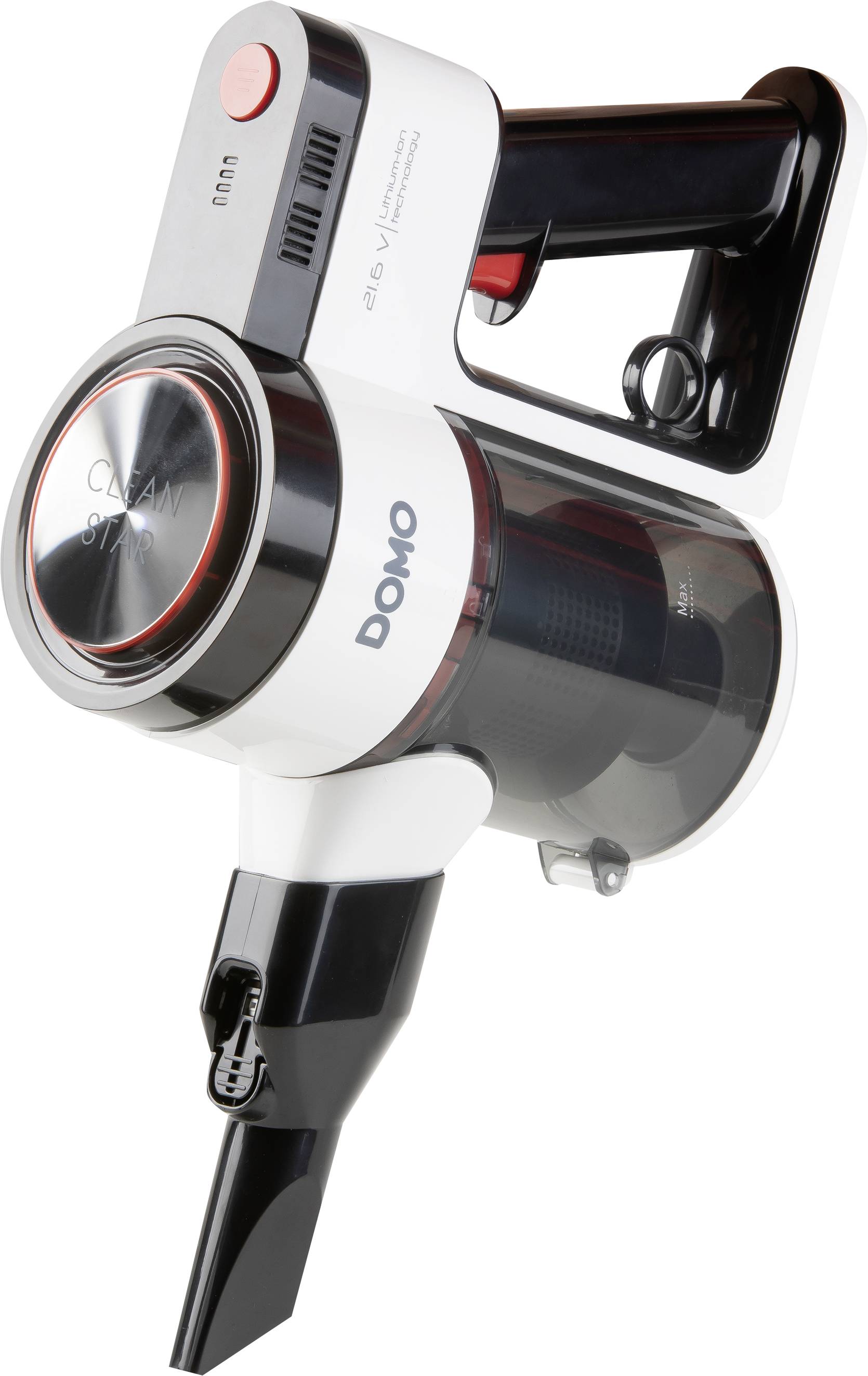 Aspirateur à main sans fil en blanc et noir avec un accent rouge. Il dispose d'une poignée ergonomique et est conçu pour un nettoyage polyvalent.