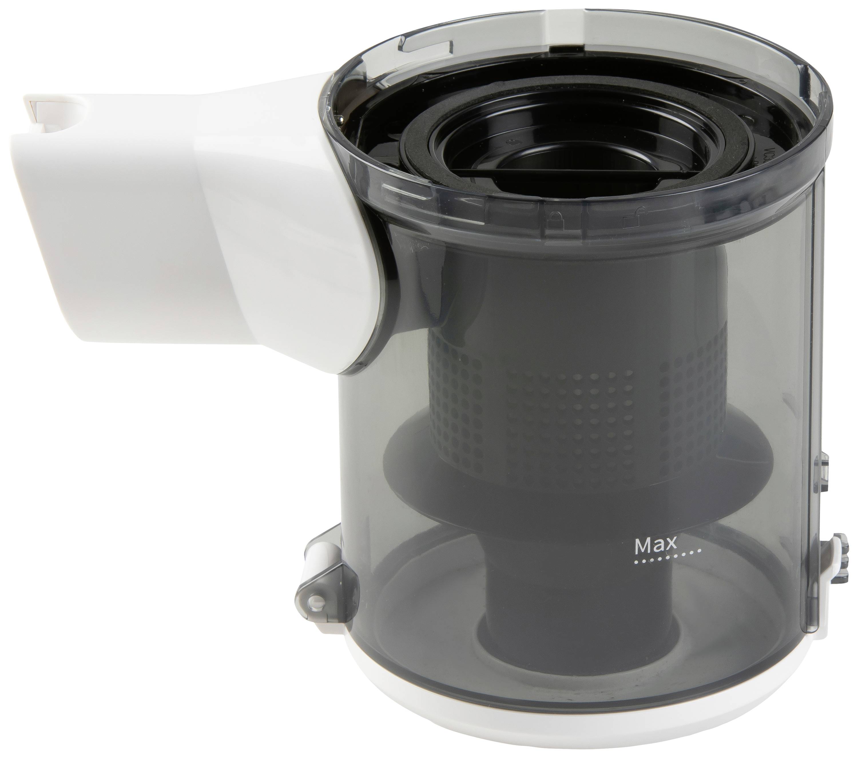 Récipient transparent d'un aspirateur avec un marquage 'Max' indiquant le niveau de remplissage.