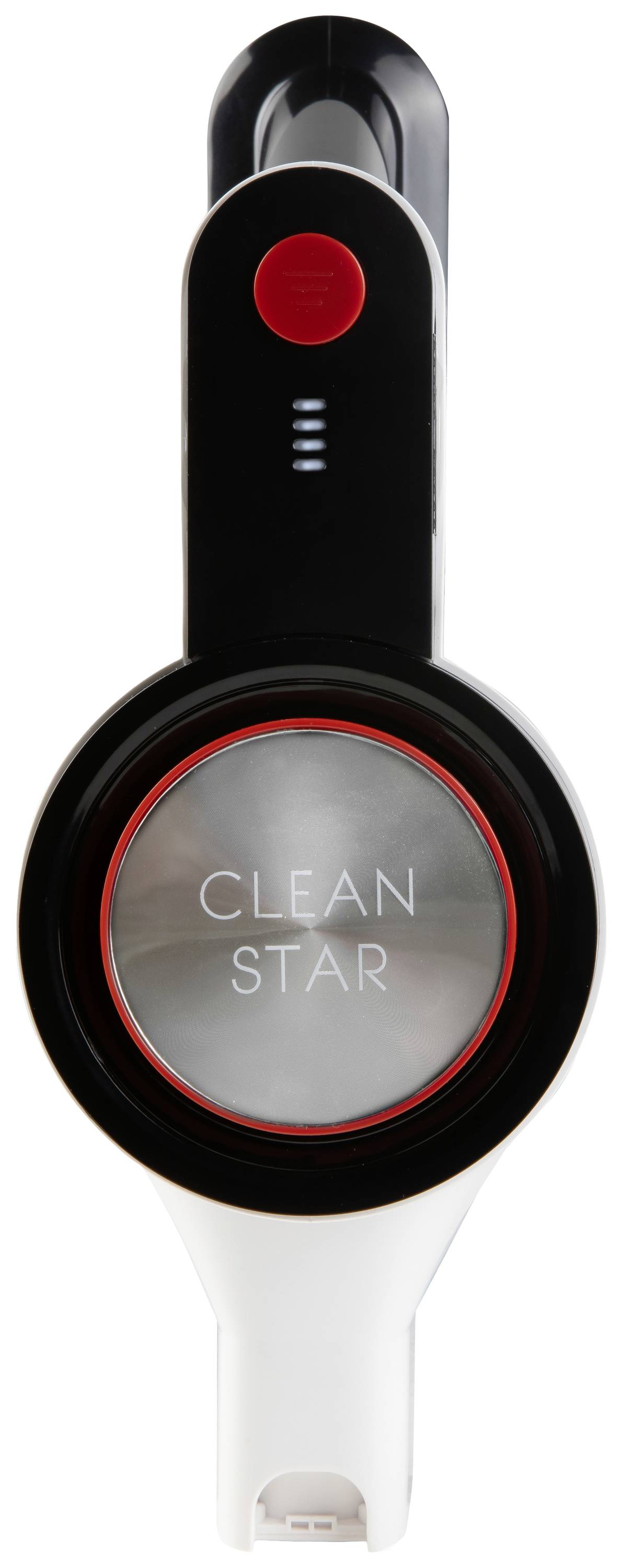 Un aspirateur à main portable portant l'inscription 'Clean Star' sur l'avant, avec un boîtier noir et un bouton rouge et un indicateur LED.