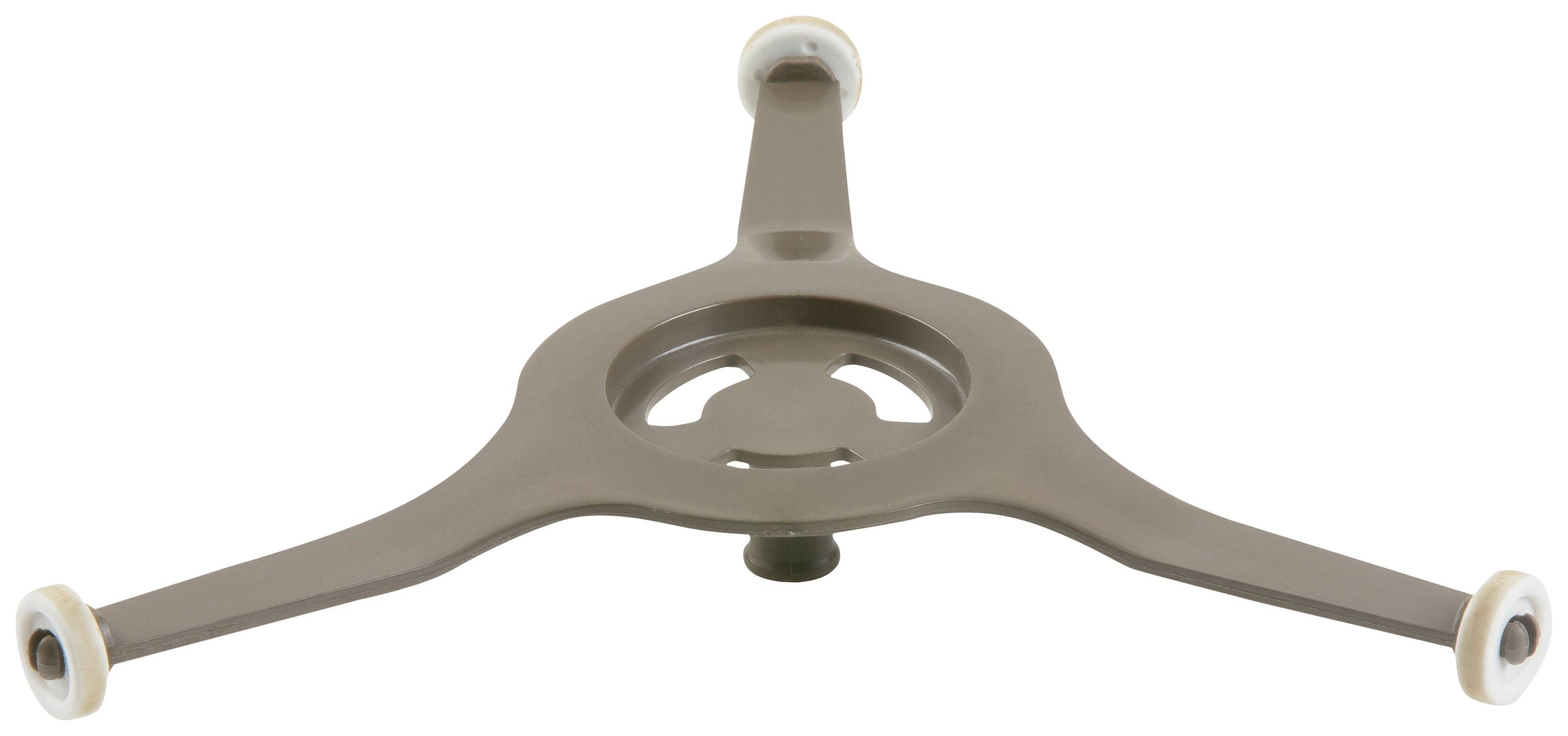 Anneau rotatif en plastique brun à trois branches, chacune équipée d'une roue blanche à son extrémité. Composants d'un plateau tournant de micro-ondes.