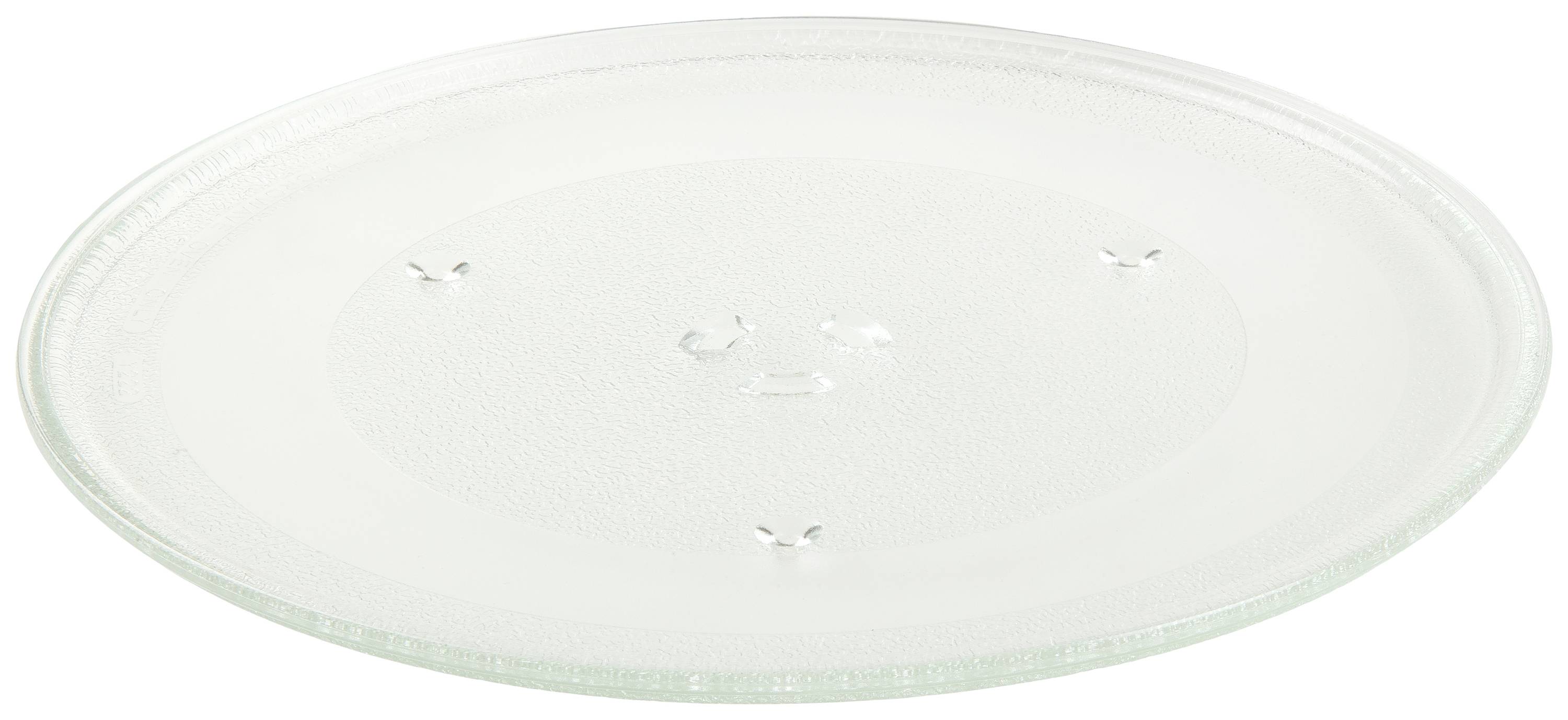 Plateau tournant en verre pour micro-ondes, lisse et transparent, avec un bord légèrement surélevé et plusieurs supports en relief au centre.