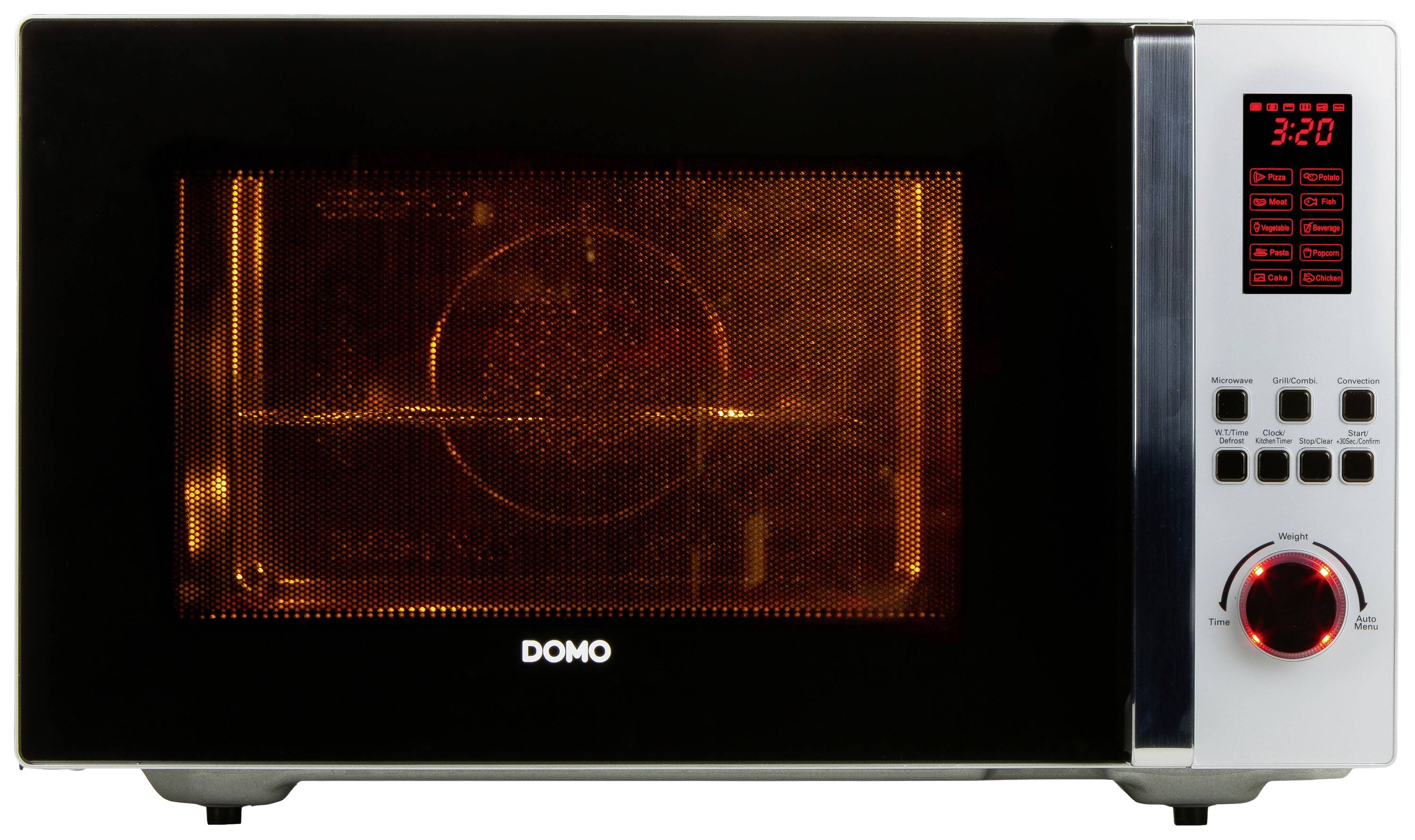 Four micro-ondes noir avec un panneau de commande numérique à droite. L'affichage indique 3:20. La fenêtre du four micro-ondes est éclairée d'une lumière orange.