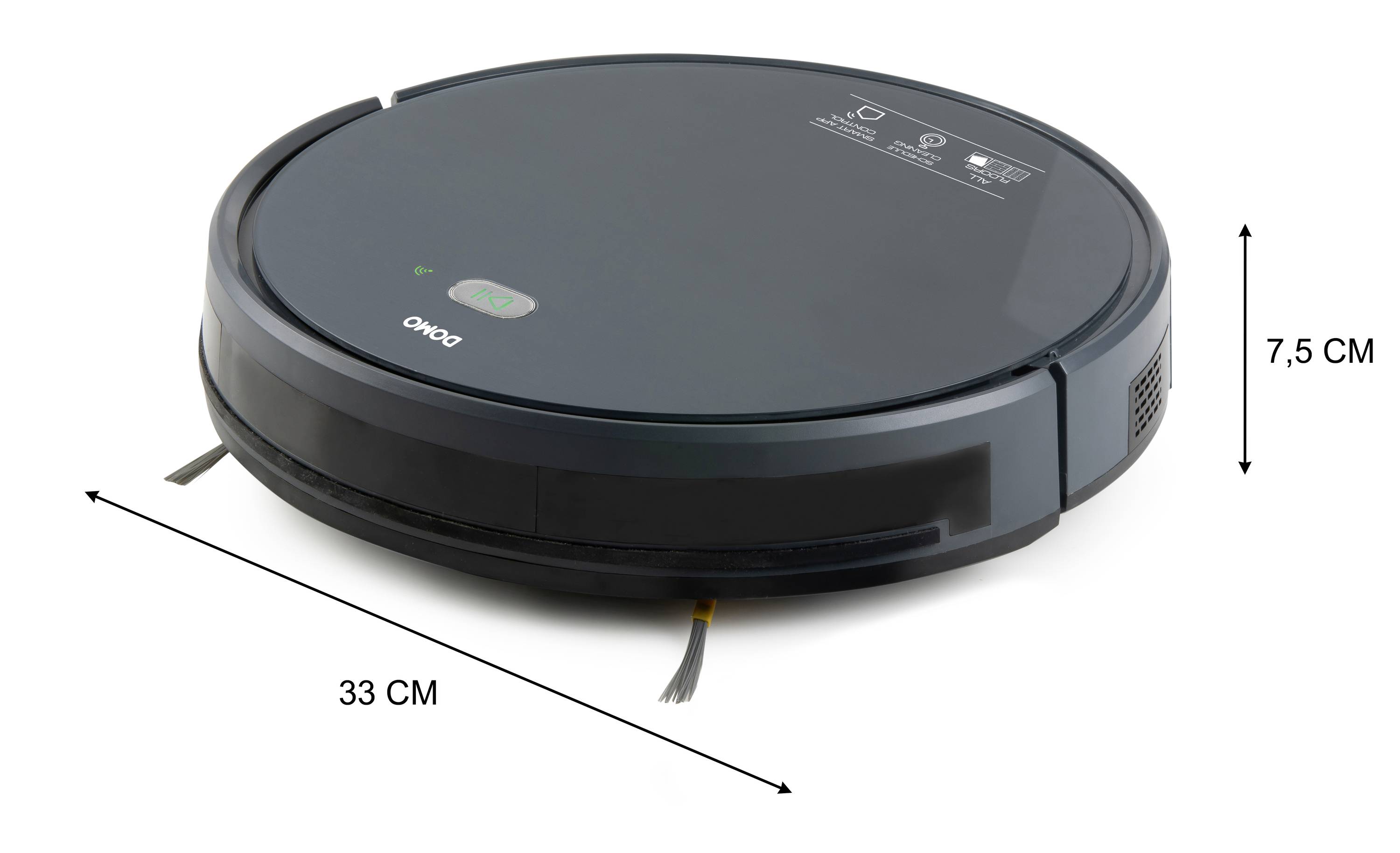 Un aspirateur robot rond de OKO, haut de 7,5 cm et de 33 cm de diamètre.