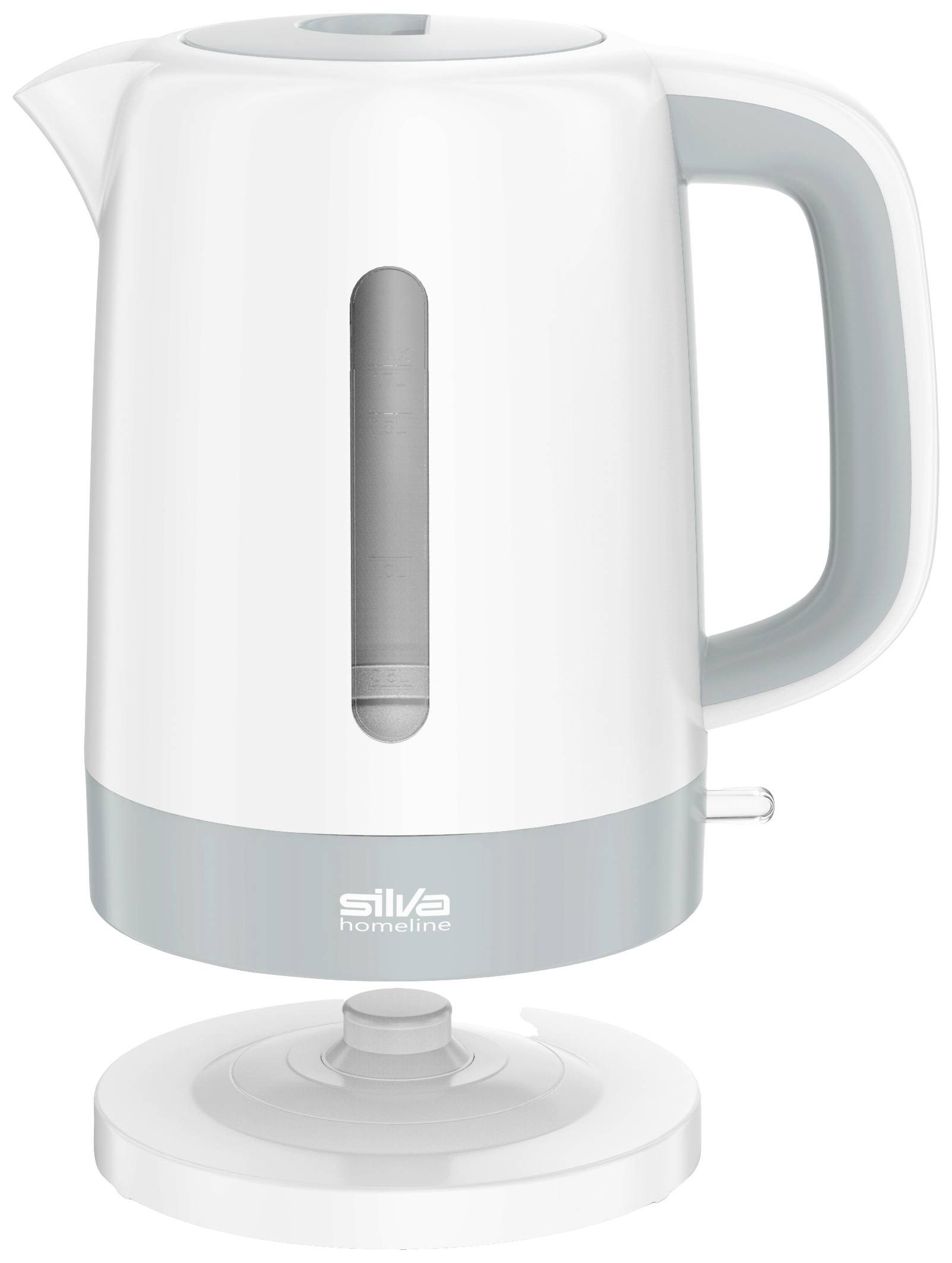 Une bouilloire blanche avec une poignée et un fond gris, reposant sur une base ronde.