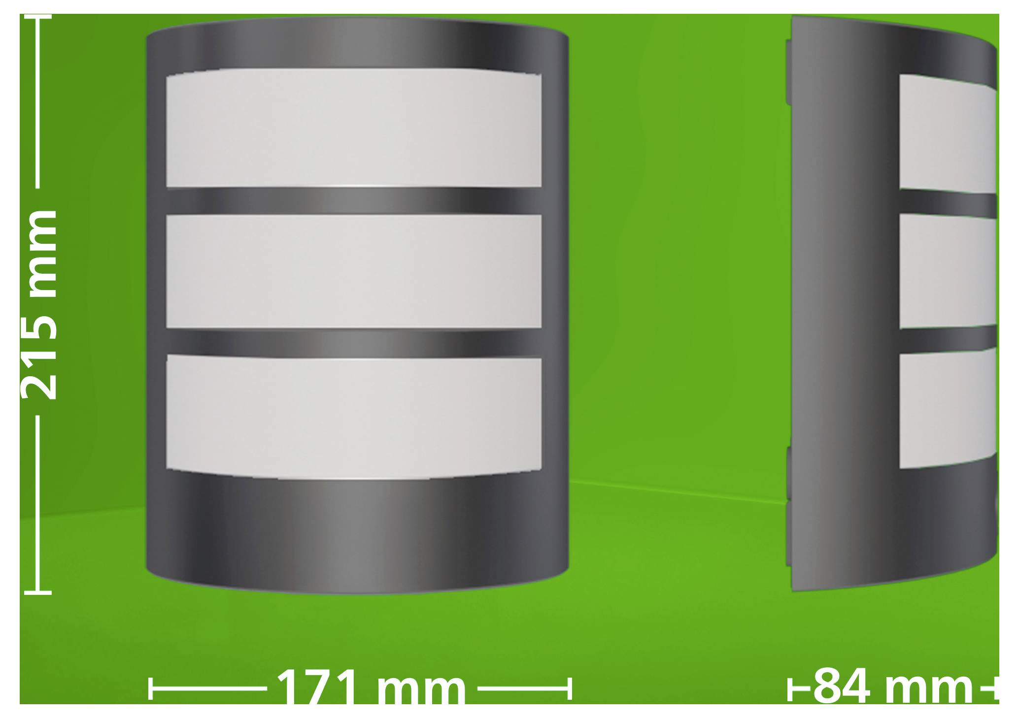 Zwei graue zylindrische Objekte auf grünem Hintergrund, gekennzeichnet mit 215 mm Höhe und 171 mm sowie 84 mm Breite, zeigen Größenabmessungen.