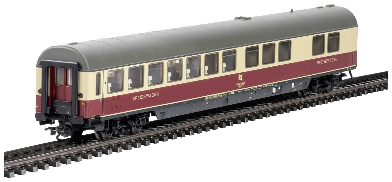 Un modèle de wagon-restaurant sur rails. Le wagon est peint en beige et rouge bordeaux avec l'inscription « Wagon-restaurant ».