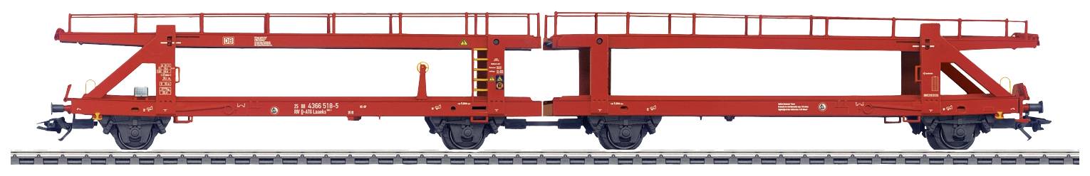 Wagon de marchandises rouge sur une voie ferrée. Le wagon est vide et dispose d'une structure de wagon porte-conteneurs ouvert.