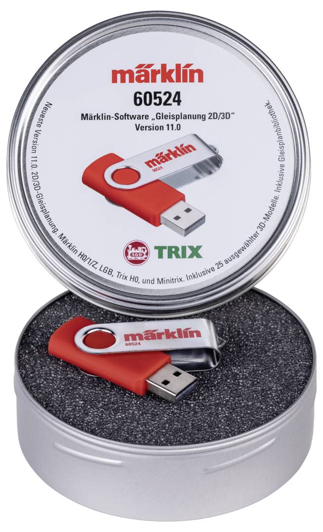 Boîte métallique ronde contenant une clé USB avec l'inscription 'märklin 60524', comprenant un logiciel de planification de voies ferrées en version 2D/3D 11.0.