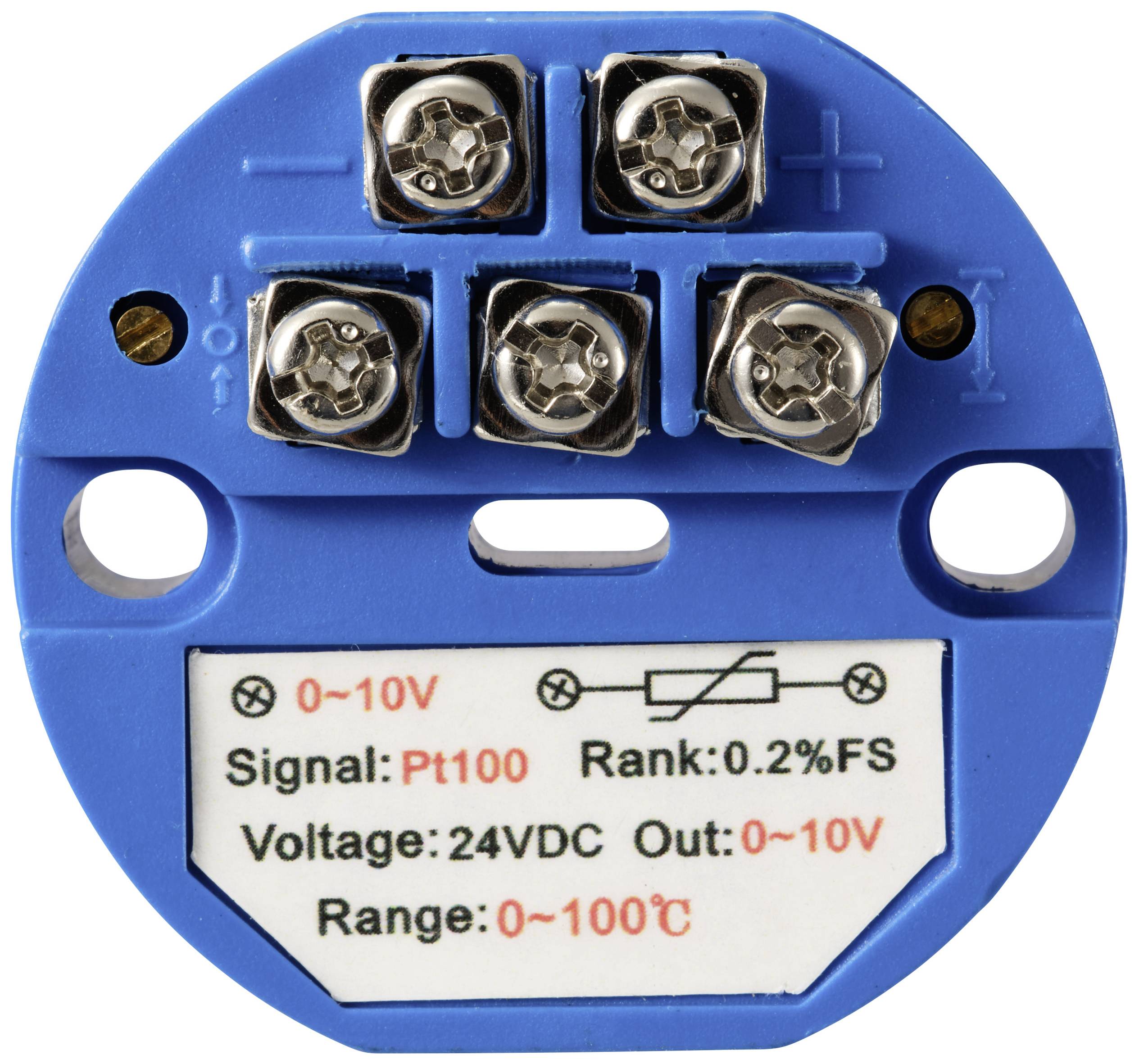 Capteur électrique bleu avec connexions pour '0-10V', 'Pt100', et affichage de tension '24VDC'. Plage de mesure de 0 à 100°C.
