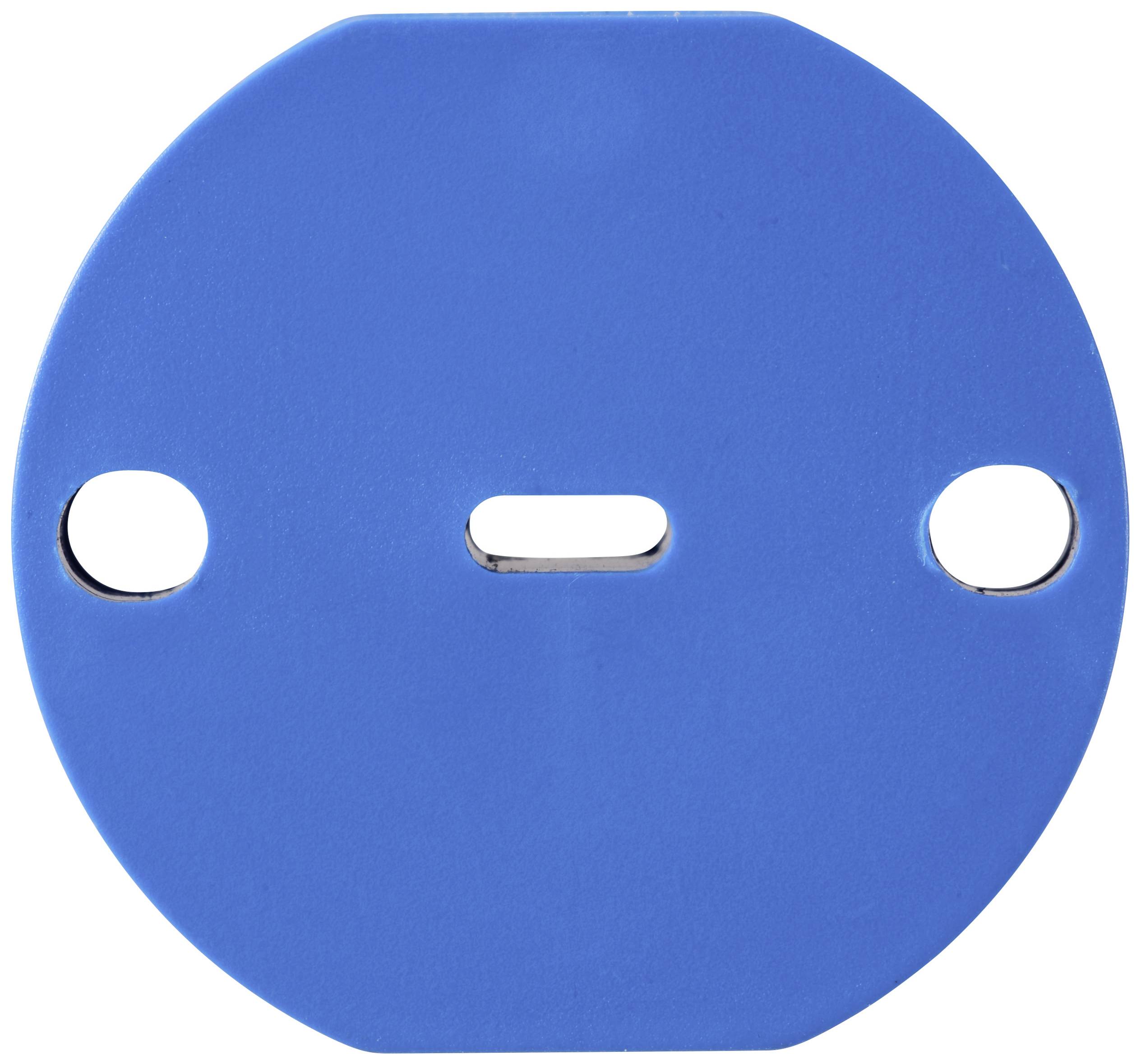 Un objet rond en plastique bleu avec trois trous : deux circulaires, un de chaque côté, et un ovale au centre.