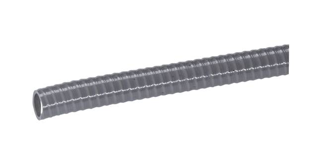 Gaine flexible grise avec surface cannelée. Souvent utilisée pour le passage des câbles dans les installations électriques.