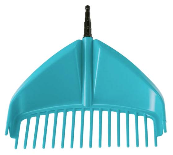 Une tête de râteau vibrante bleu-vert avec des dents larges et robustes en plastique, conçues pour la collecte efficace des feuilles et des débris.