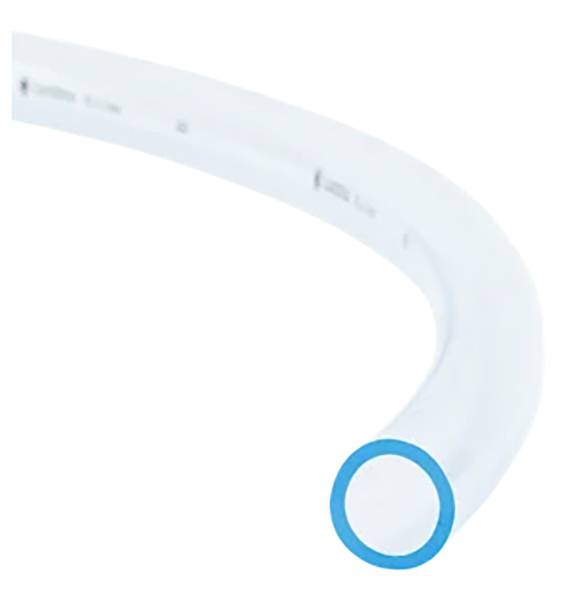 Un tuyau flexible et transparent avec un bord bleu, formé en arc. Adapté pour le transport de liquides.