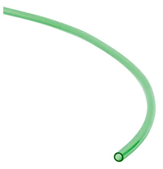 Tuyau d'arrosage vert disposé en arc, isolé sur un fond blanc. Aucun détail ou décoration supplémentaire n'est visible.
