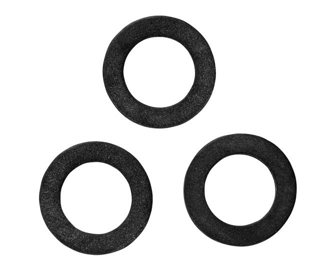 Trois bagues d'étanchéité noires sur un fond blanc. Les bagues sont circulaires et identiques en taille et en couleur.