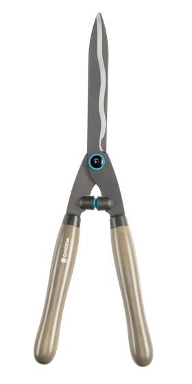 Taille-haie manuel avec poignées en bois et lames métalliques, conçu pour une utilisation dans le jardin afin d'entretenir les arbustes et les haies.