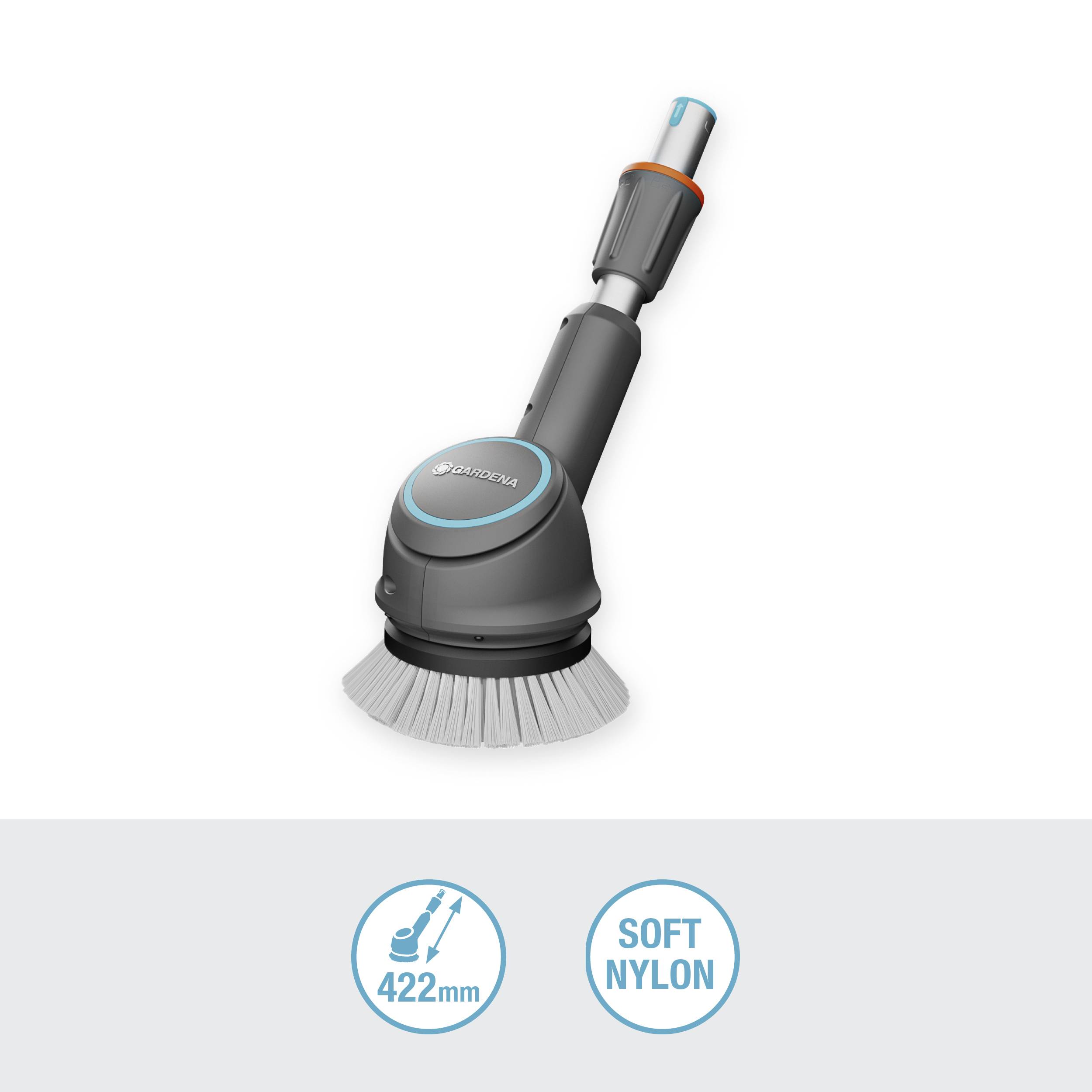 Brosse de nettoyage électrique avec poils doux en nylon, optimale pour les surfaces sensibles. La tête de brosse a un diamètre de 422 mm.