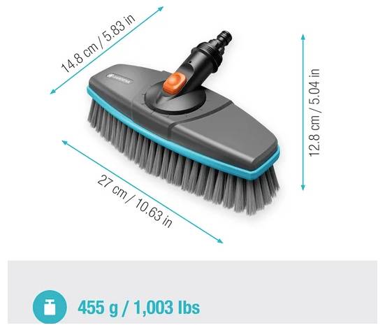 Une brosse de nettoyage grise et turquoise avec un bouton orange, présentée avec les dimensions : 27 cm x 14,8 cm x 12,8 cm. Poids : 455 g.