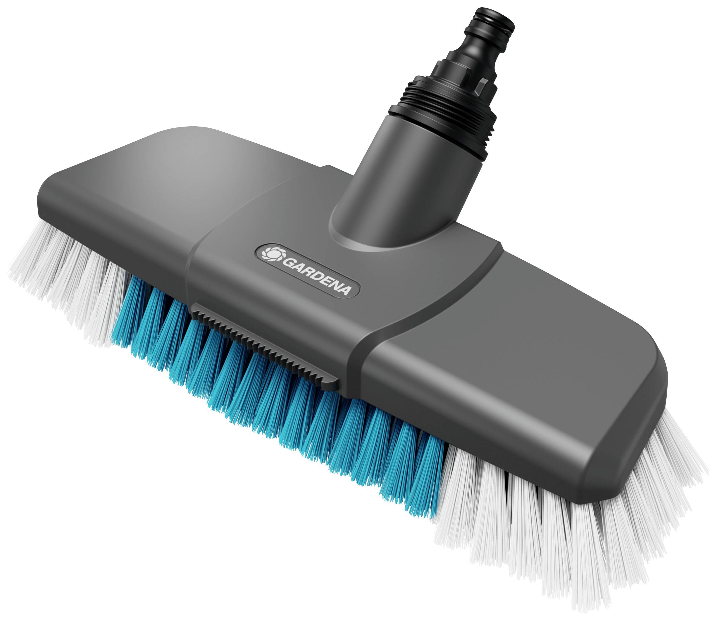 Brosse Gardena gris-blanc avec raccordement à l'eau. Idéale pour un nettoyage approfondi dans le jardin ou la maison.