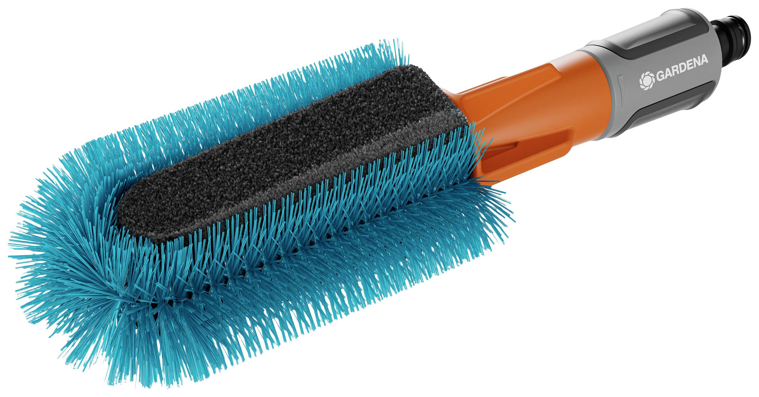 Une brosse de nettoyage orange et bleue avec une tête à poils douce et rectangulaire. Adaptée pour le nettoyage des jantes de voiture ou des coins difficiles d'accès.