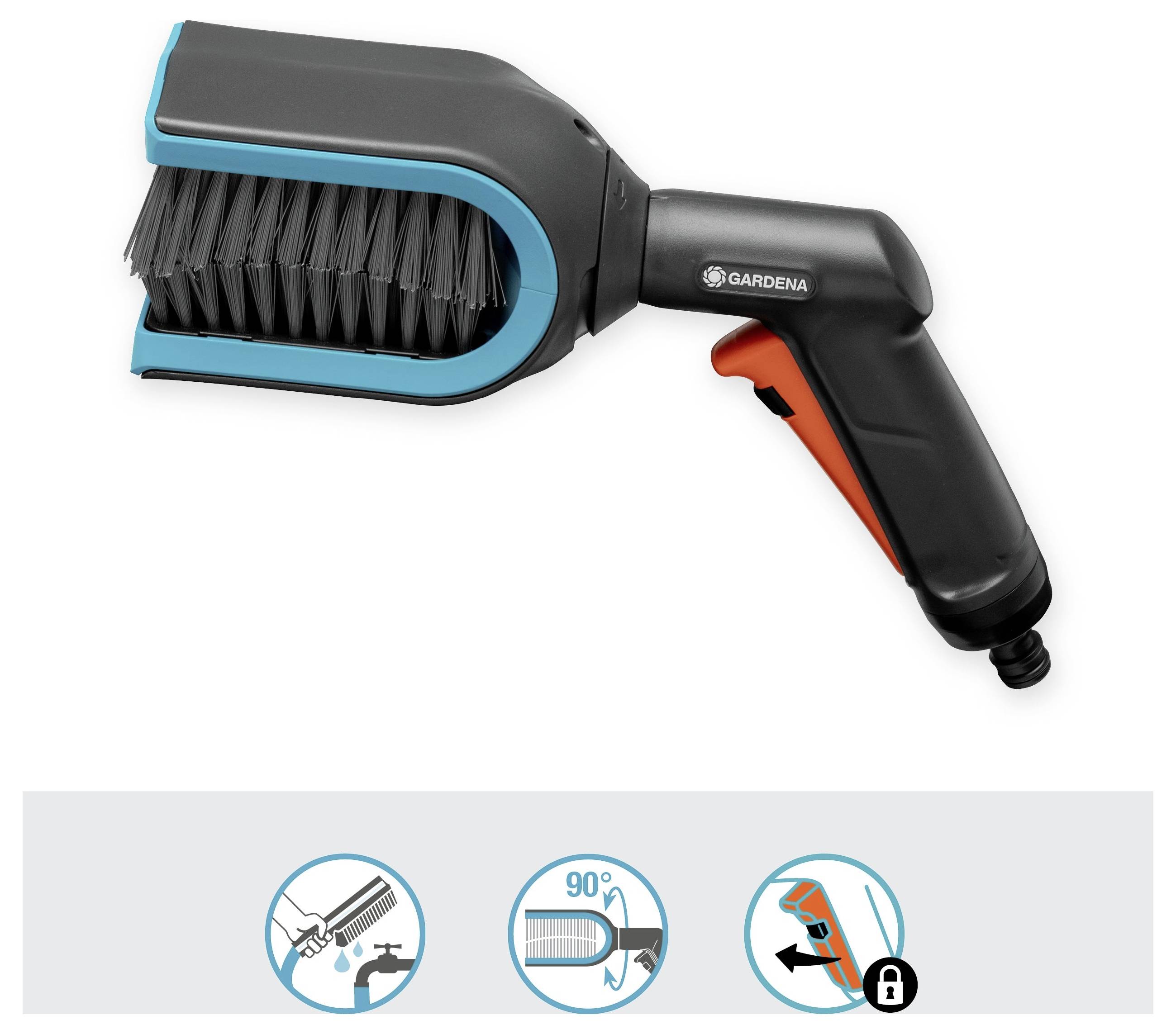 Un outil de brosse portable avec contrôle du débit d'eau, dotée d'une tête de brosse de nettoyage noire et bleue. Les icônes ci-dessous montrent sa poignée réglable et son mécanisme de verrouillage.