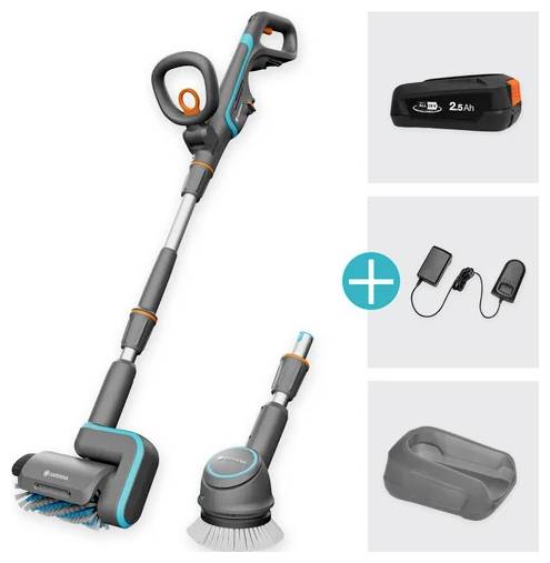 Ensemble de brosse de nettoyage électrique sans fil avec têtes interchangeables, batterie rechargeable, câble de charge et station de rangement.